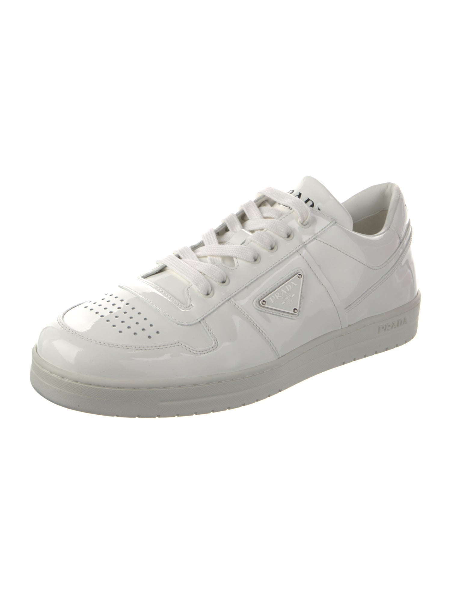 Prada Enameled Metal Triangle Patent Leather Sneakers
