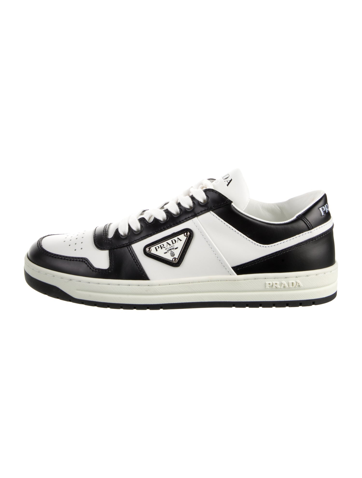 Prada Enameled Metal Triangle Leather Sneakers