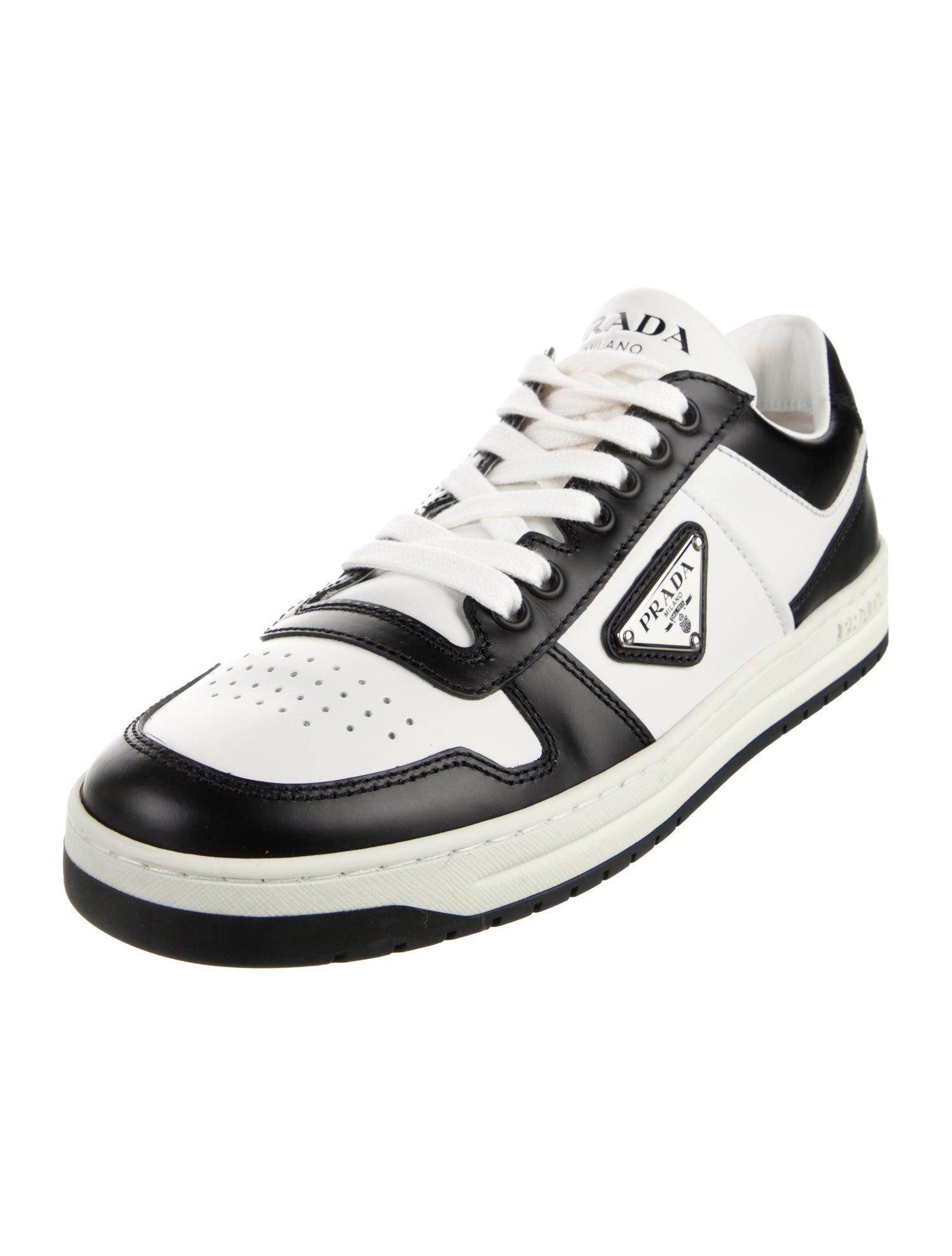 Prada Enameled Metal Triangle Leather Sneakers