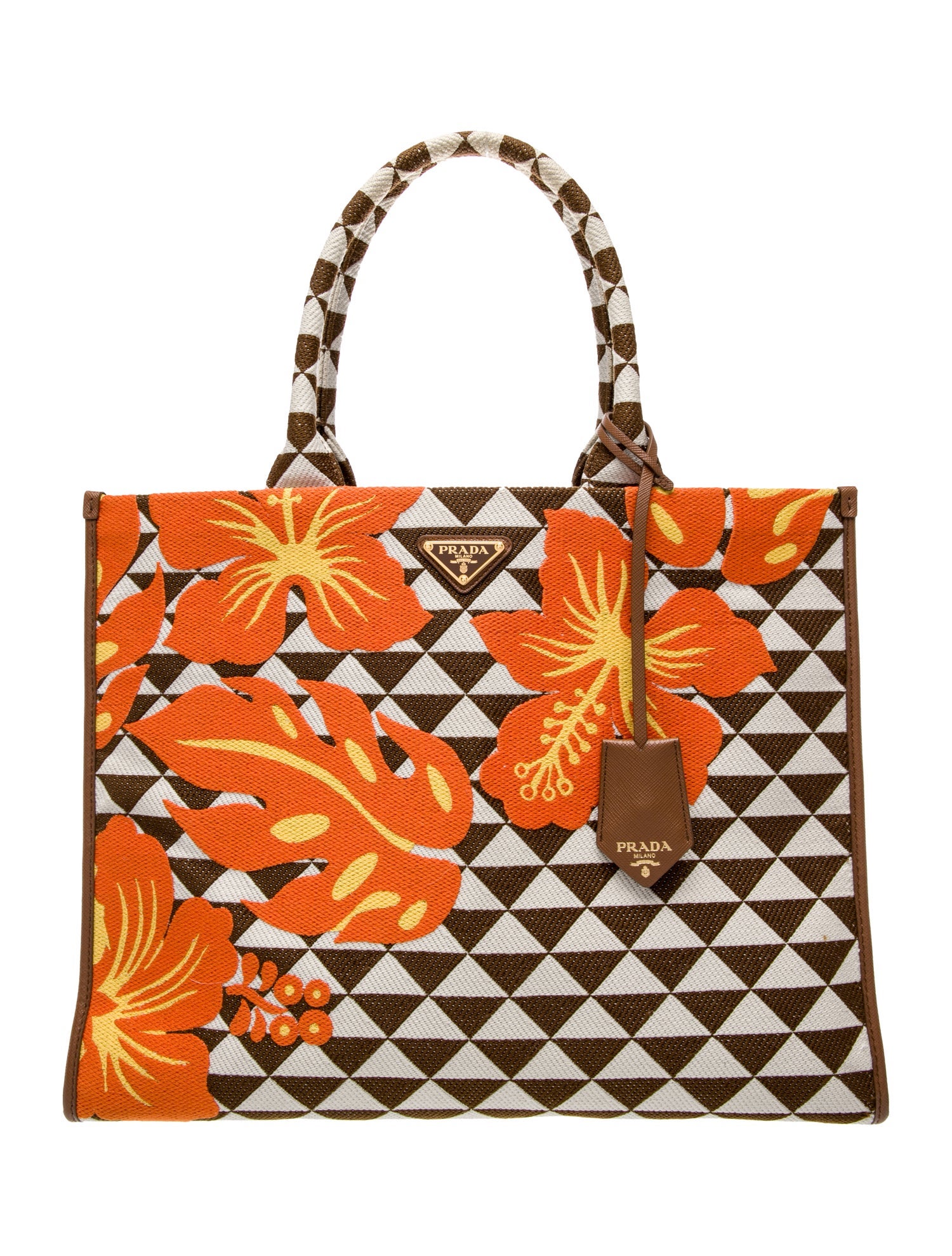 Prada Enameled Metal Triangle Symbole Tote Large