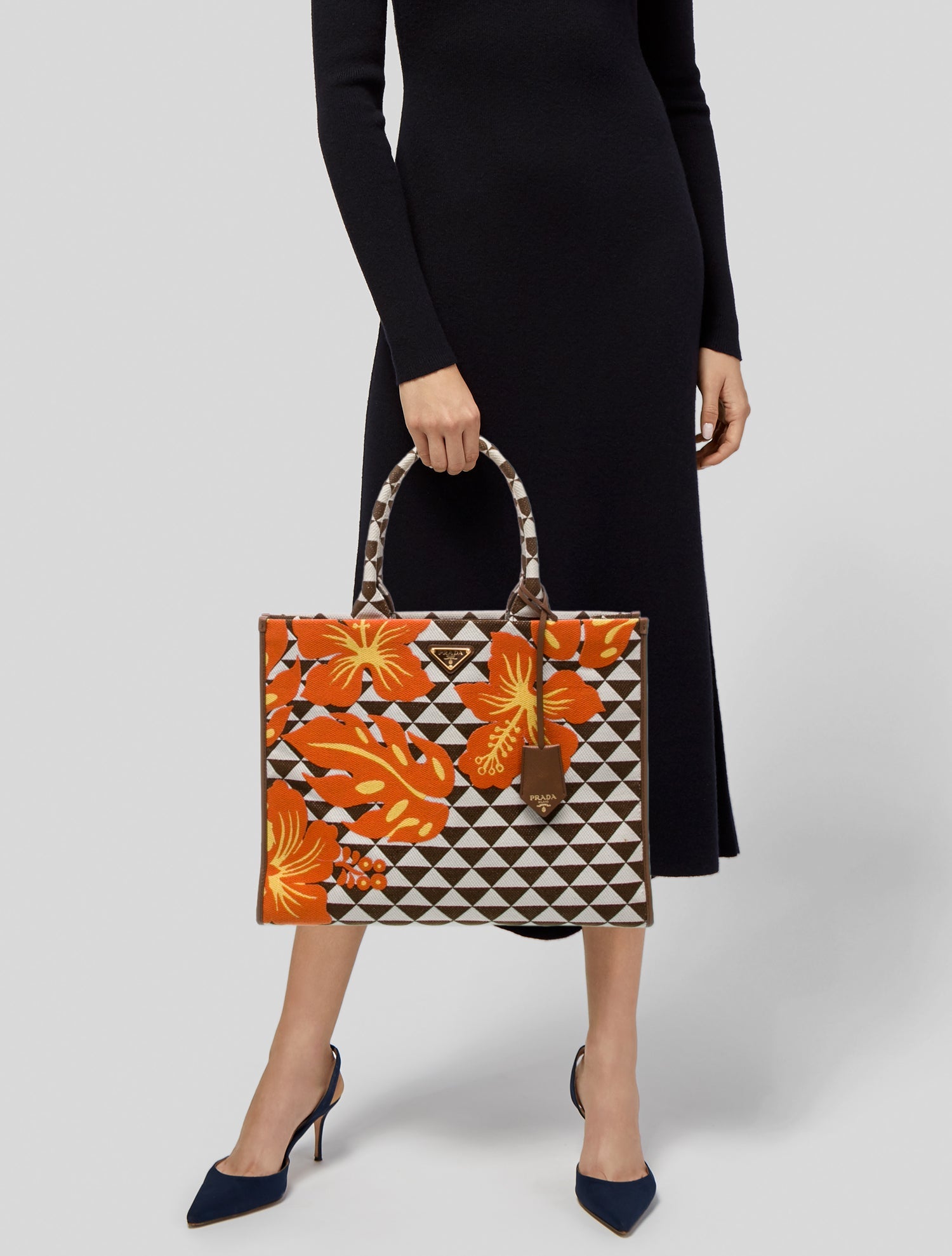 Prada Enameled Metal Triangle Symbole Tote Large