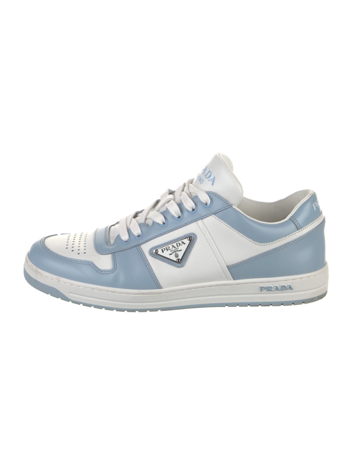 Prada Enameled Metal Triangle Leather Sneakers