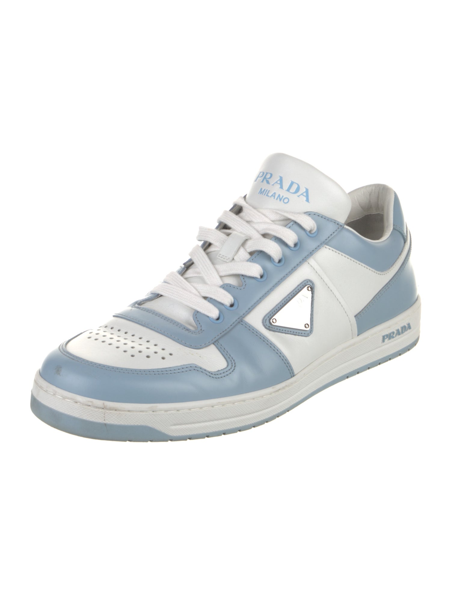 Prada Enameled Metal Triangle Leather Sneakers