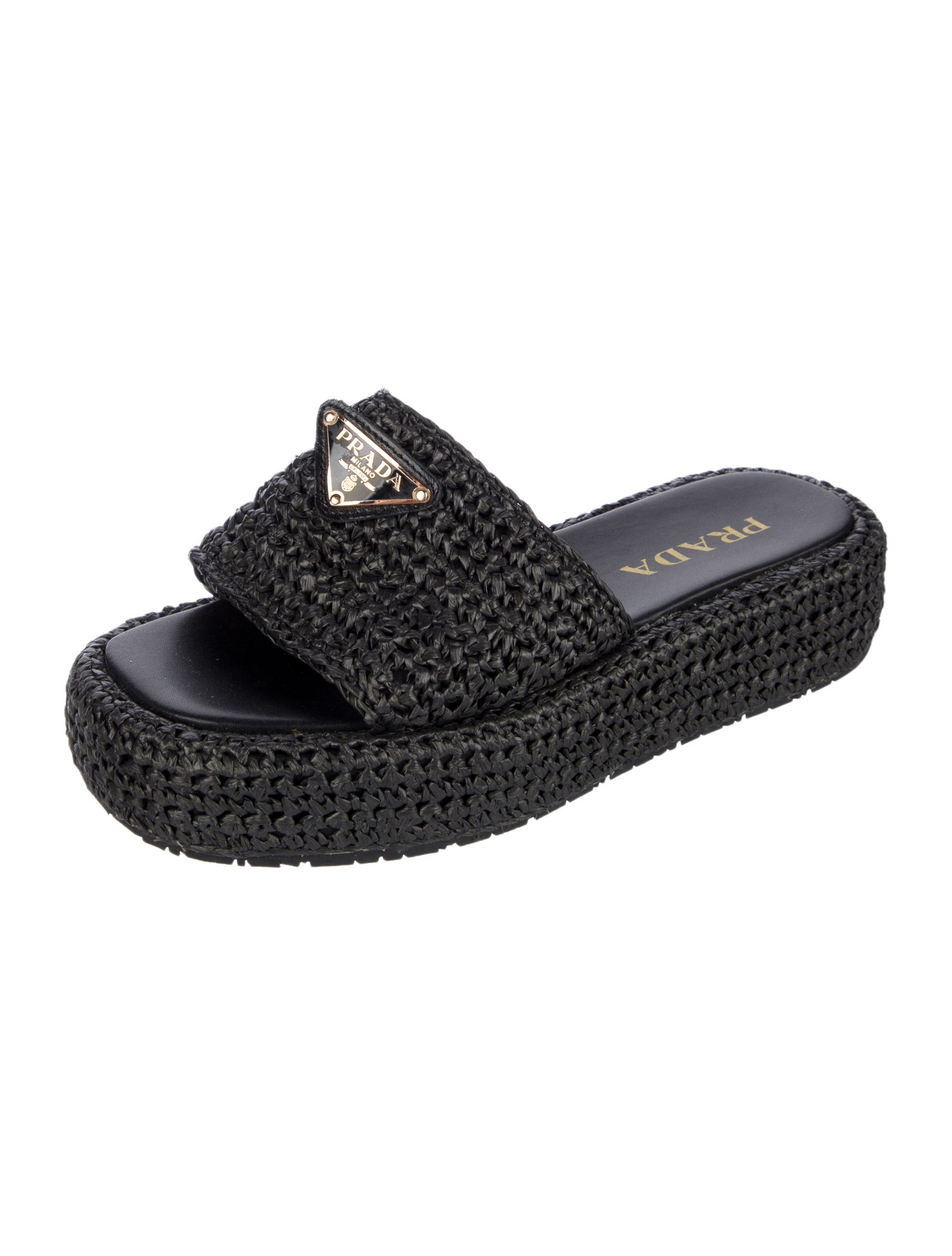 Prada Enameled Metal Triangle Raffia Slides
