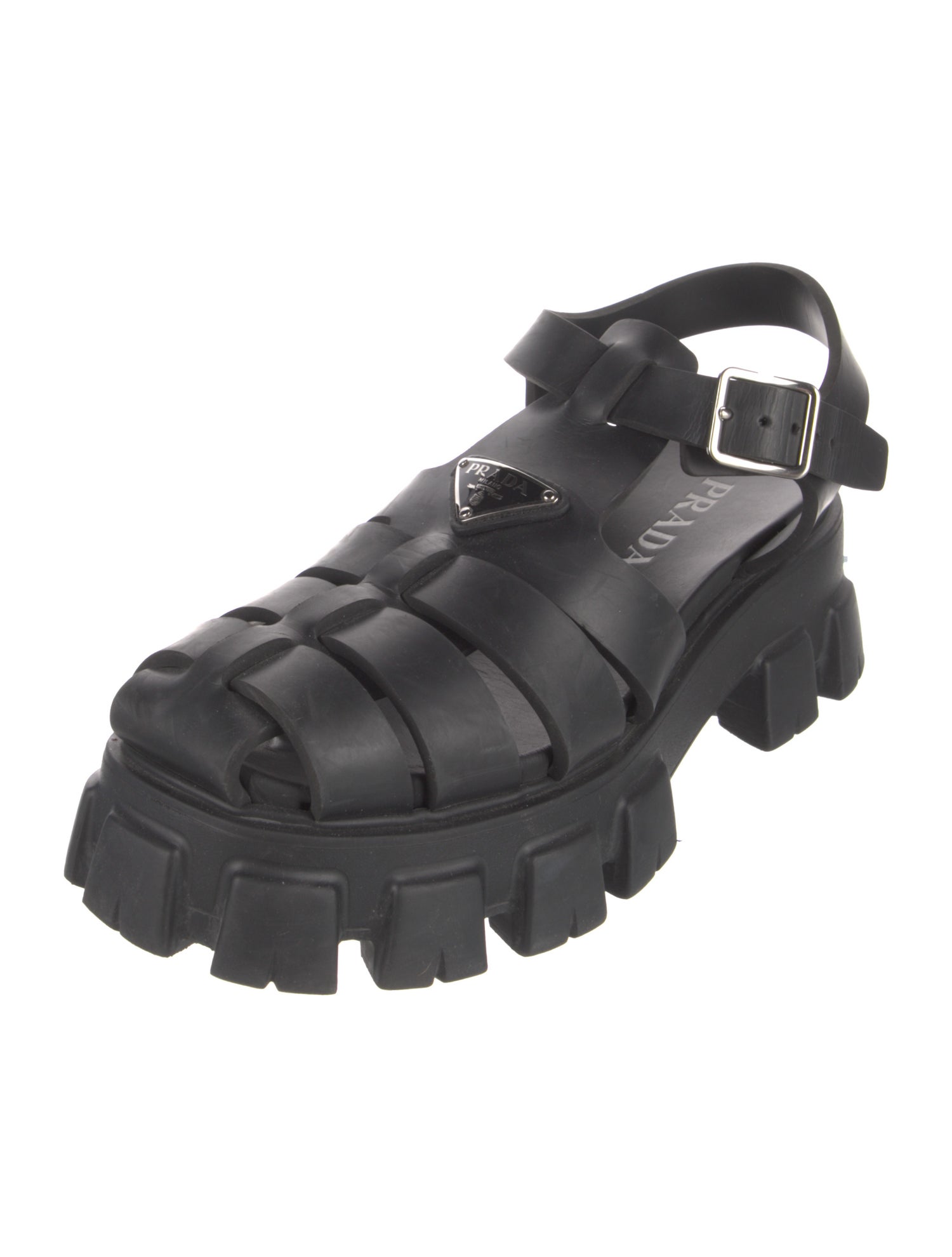 Prada Enameled Metal Triangle Rubber Sandals
