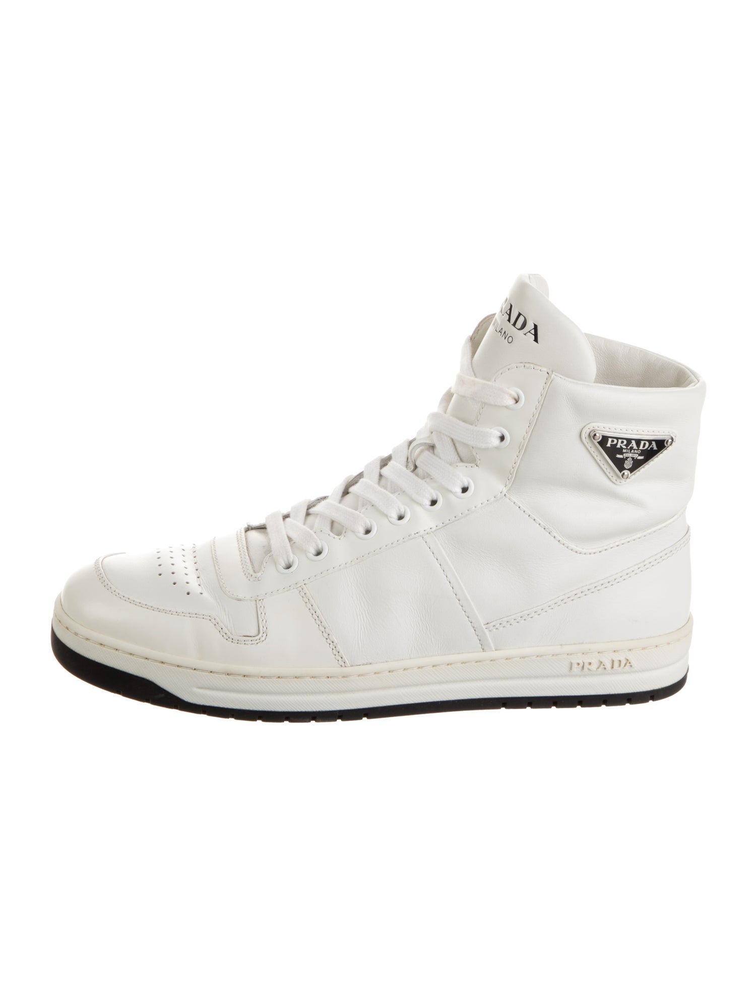 Prada Enameled Metal Triangle Leather Sneakers