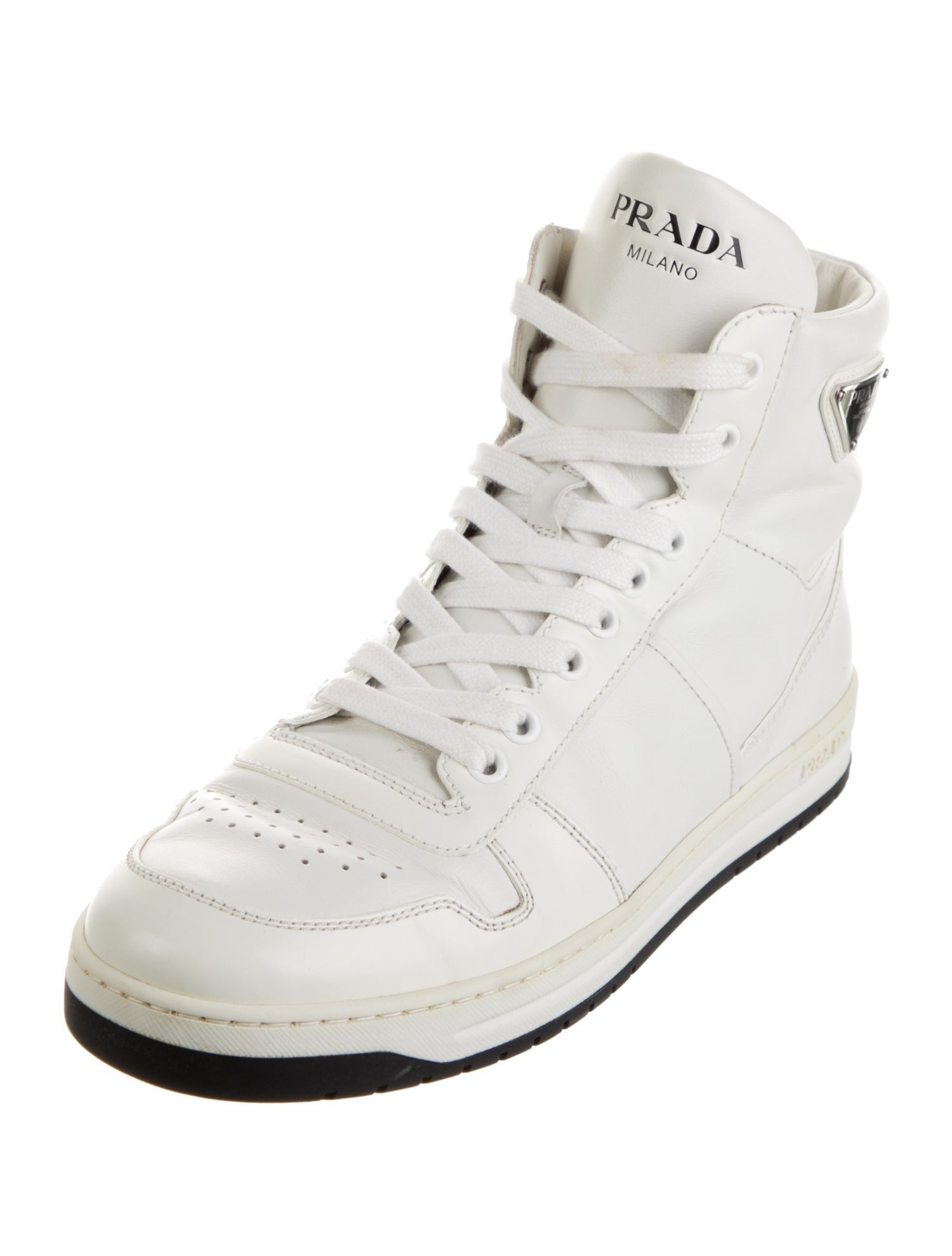 Prada Enameled Metal Triangle Leather Sneakers
