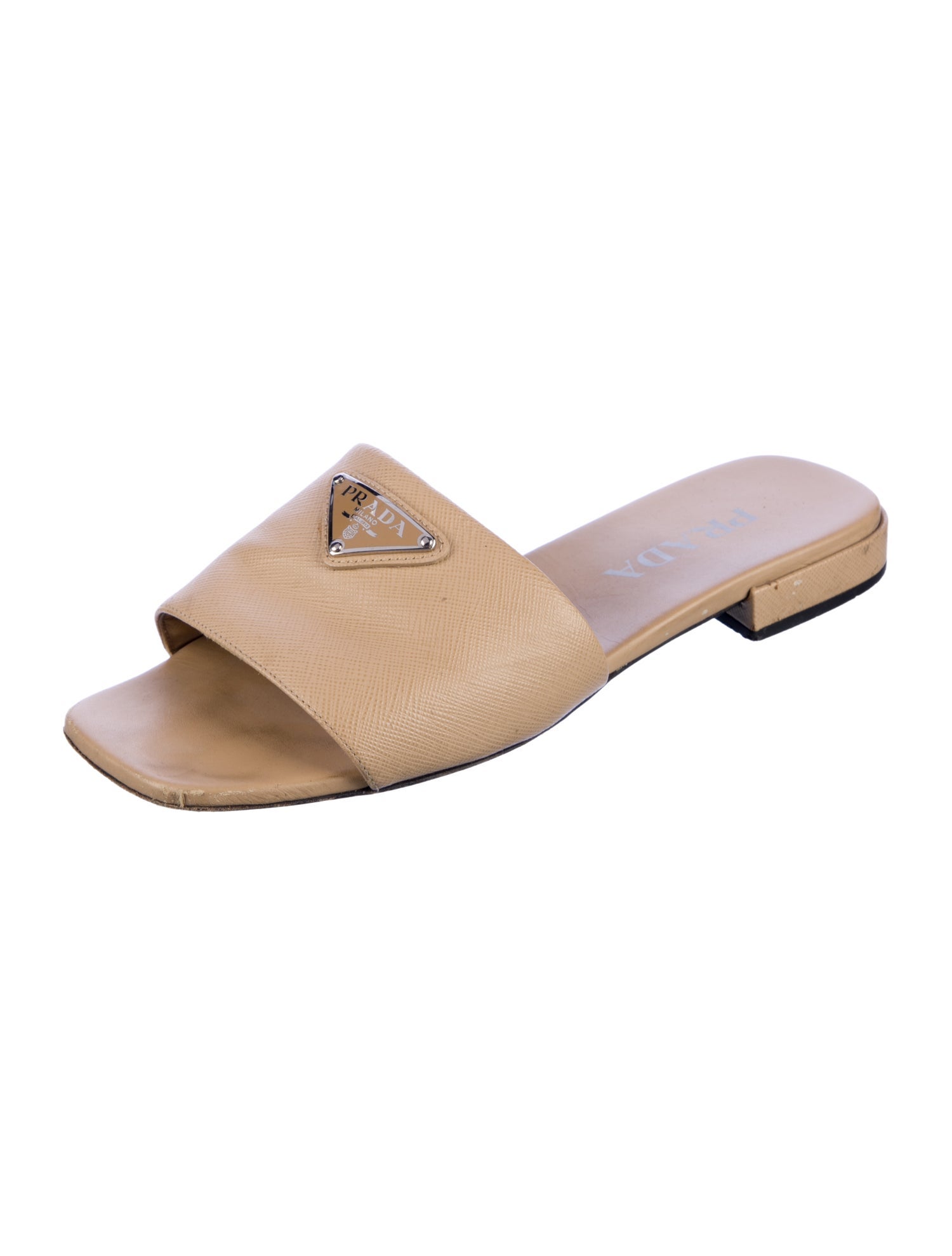 Prada Enameled Metal Triangle Saffiano Leather Slides