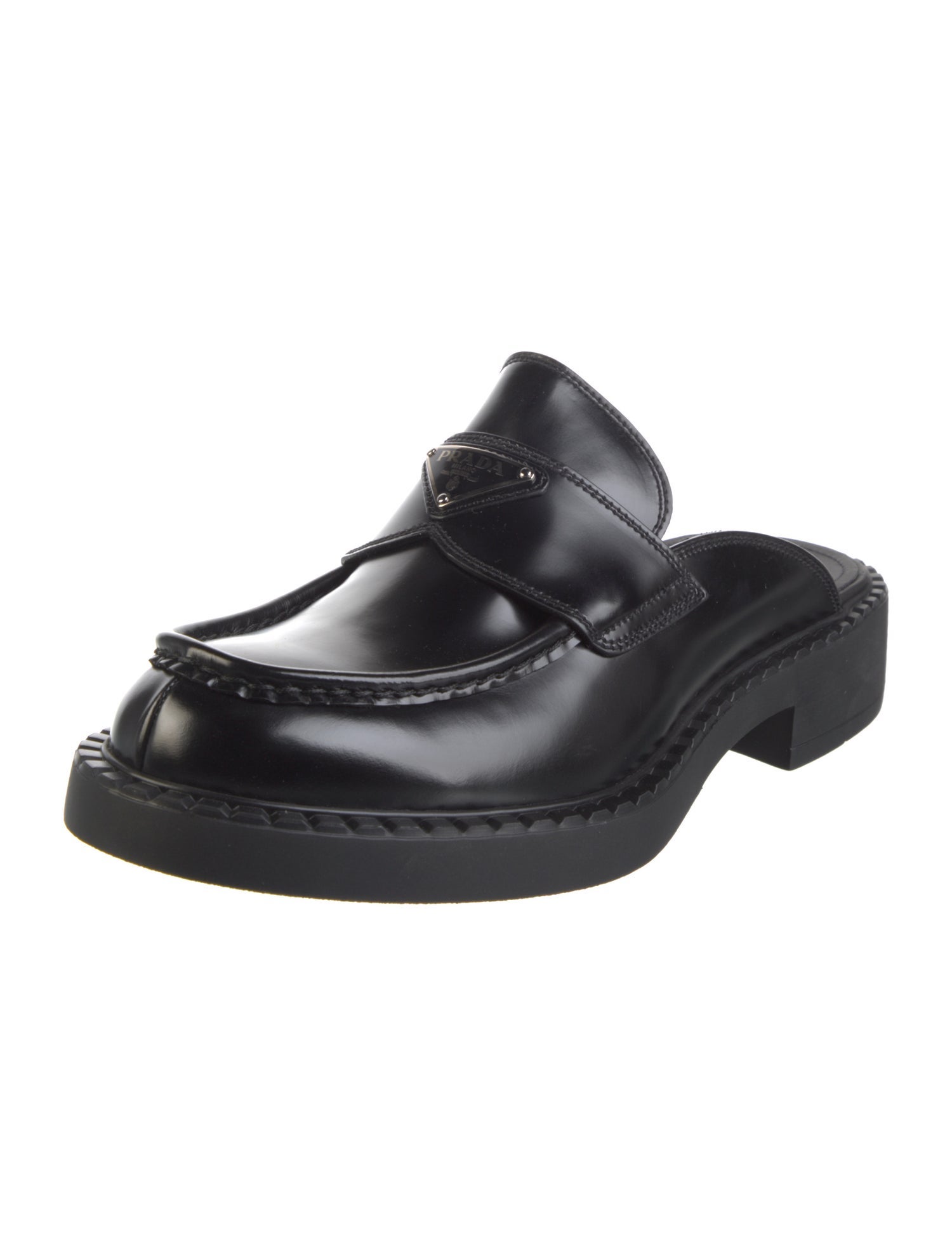 Prada Enameled Metal Triangle Leather Slippers w/ Tags