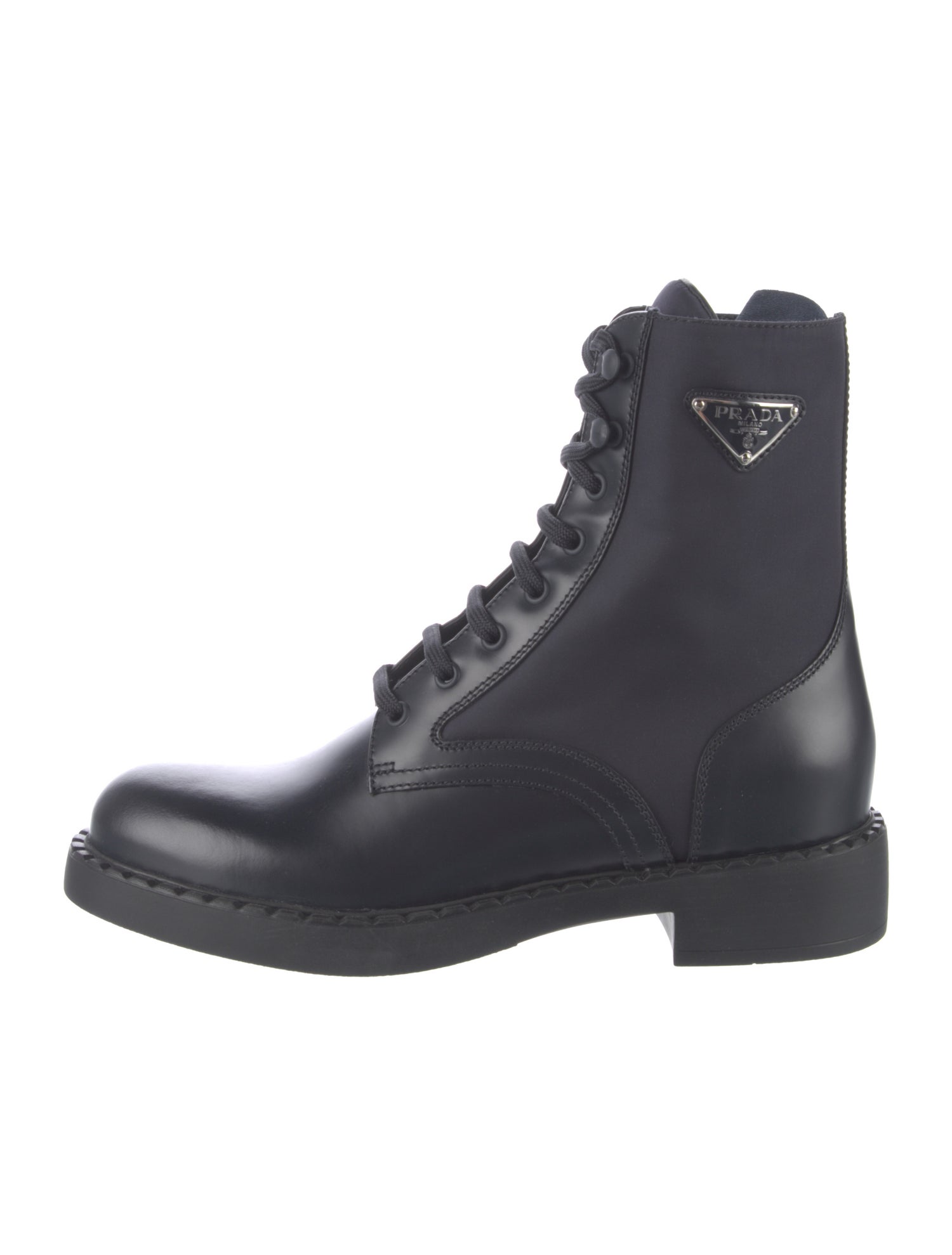 Prada Enameled Metal Triangle Leather Combat Boots