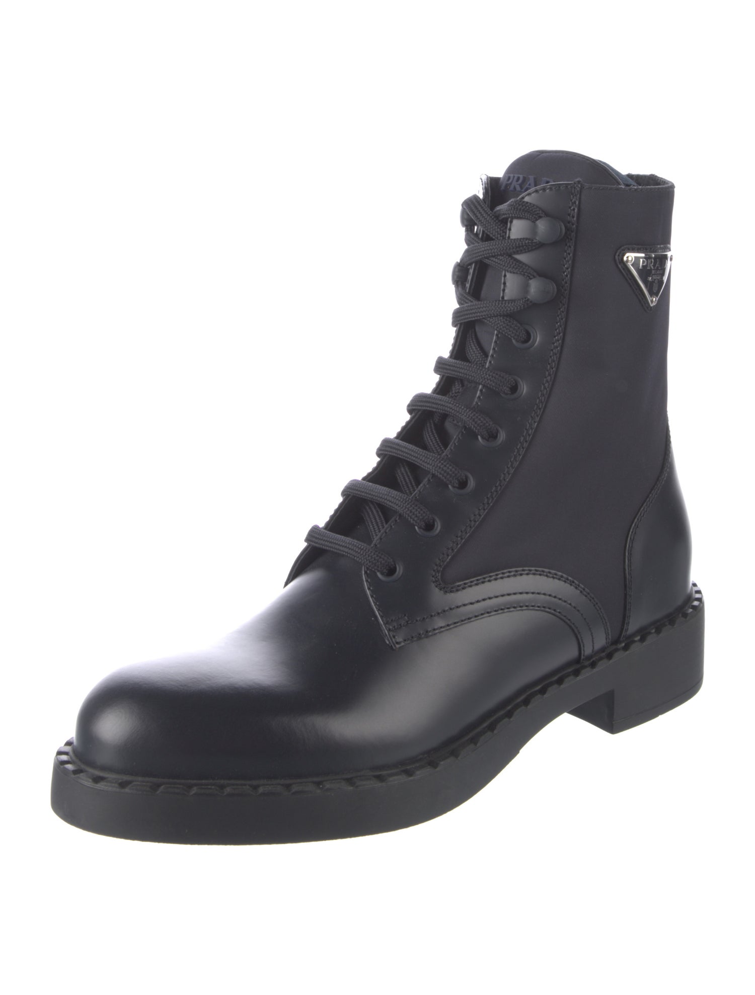 Prada Enameled Metal Triangle Leather Combat Boots