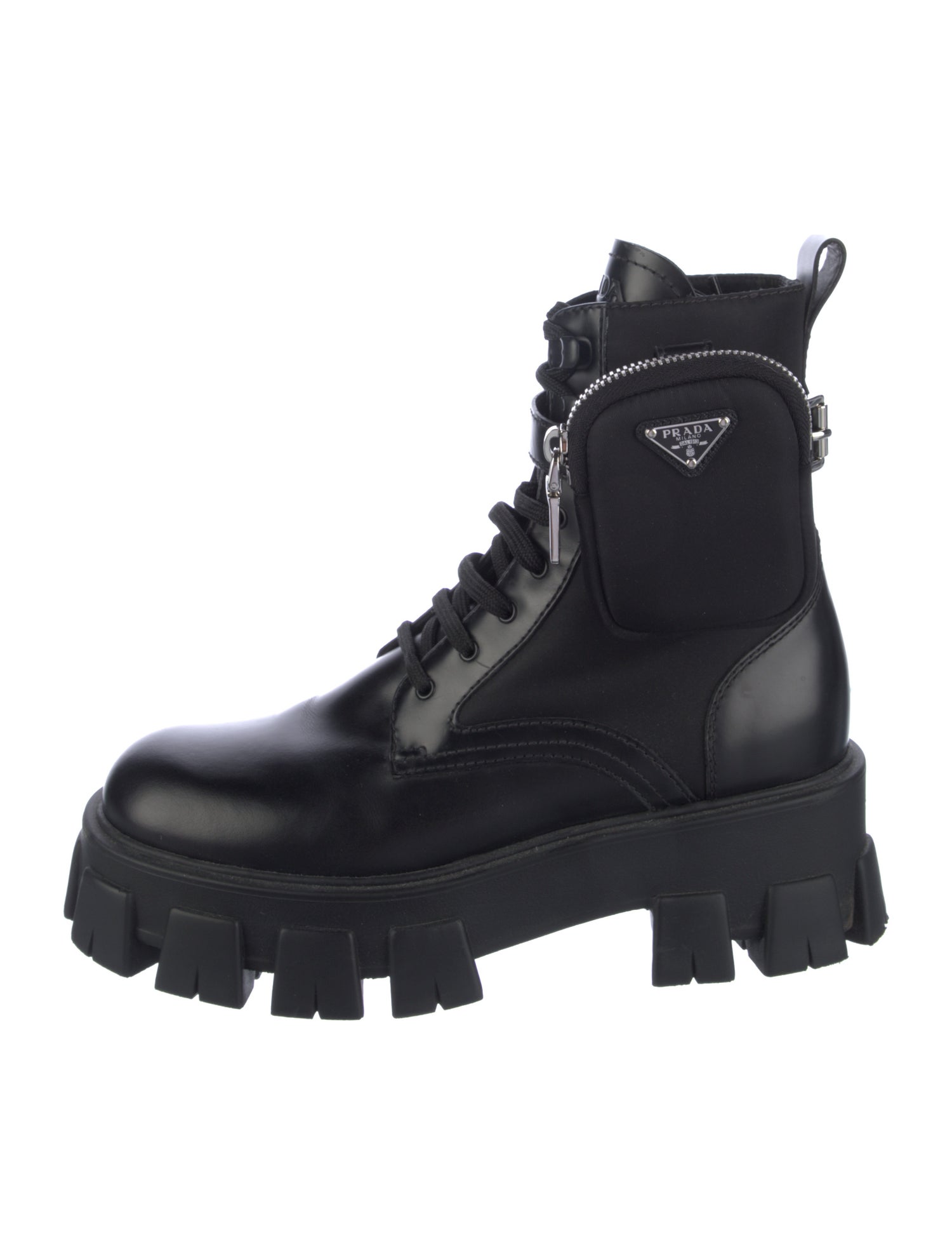 Prada Leather Leather Trim Embellishment Combat Boots