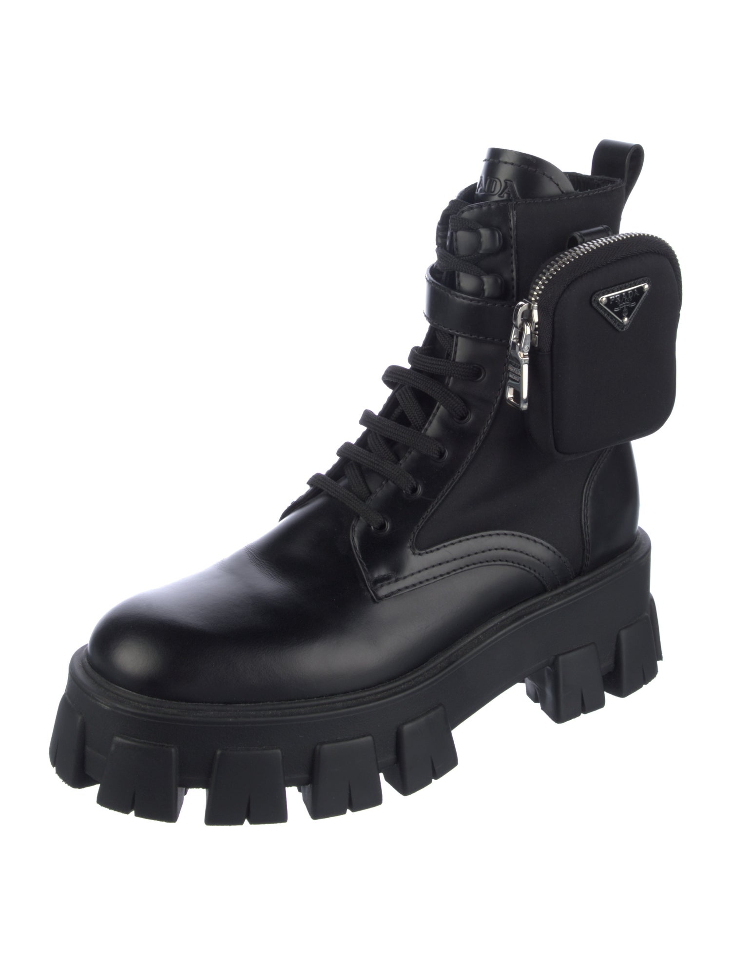 Prada Leather Leather Trim Embellishment Combat Boots