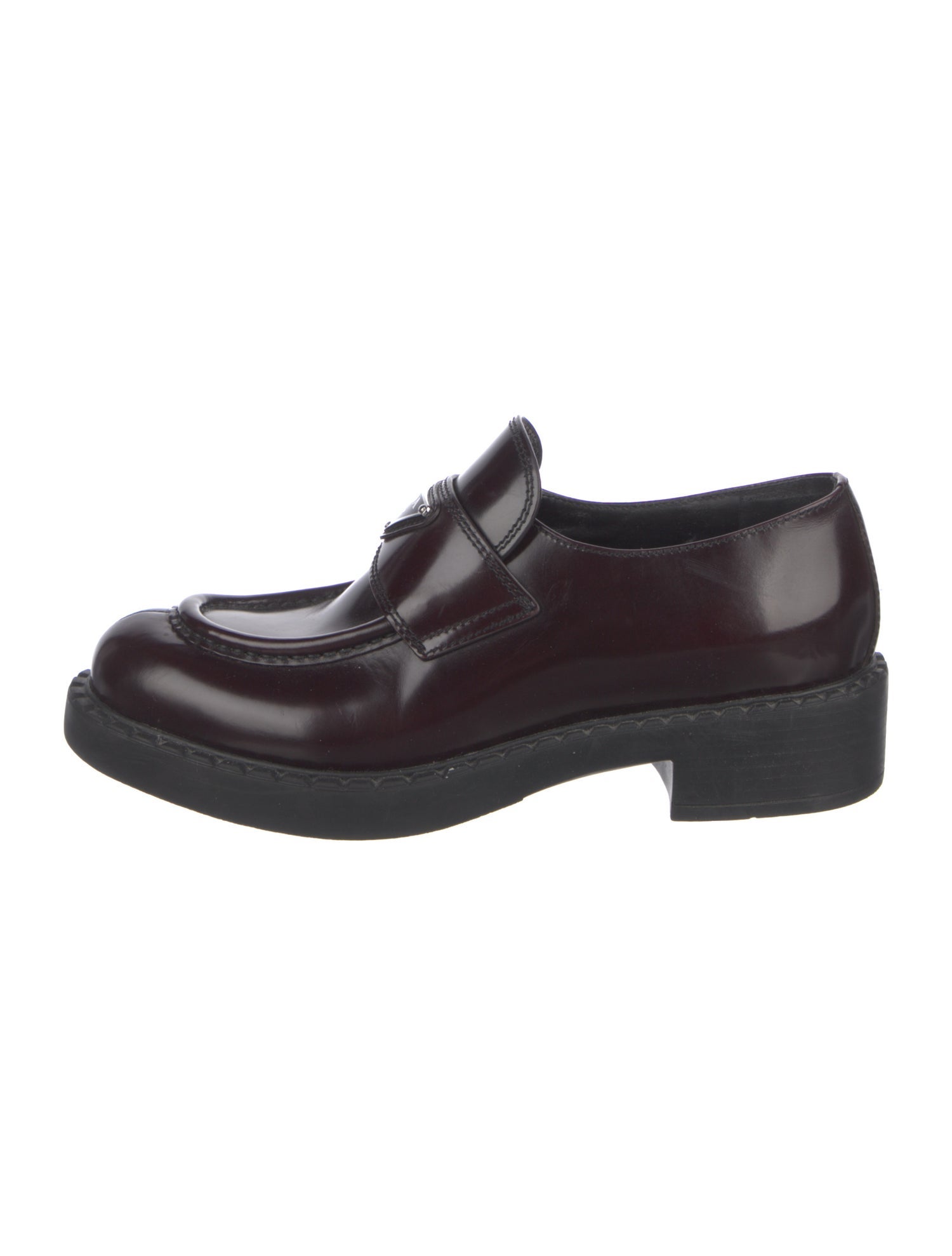 Prada Enameled Metal Triangle Patent Leather Loafers