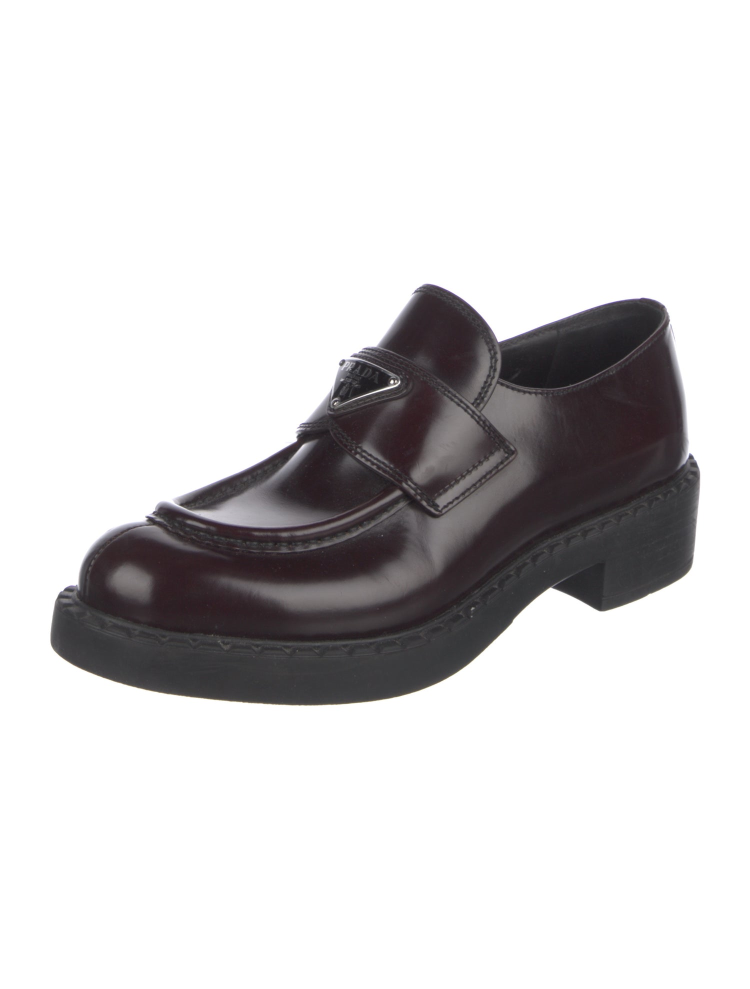 Prada Enameled Metal Triangle Patent Leather Loafers