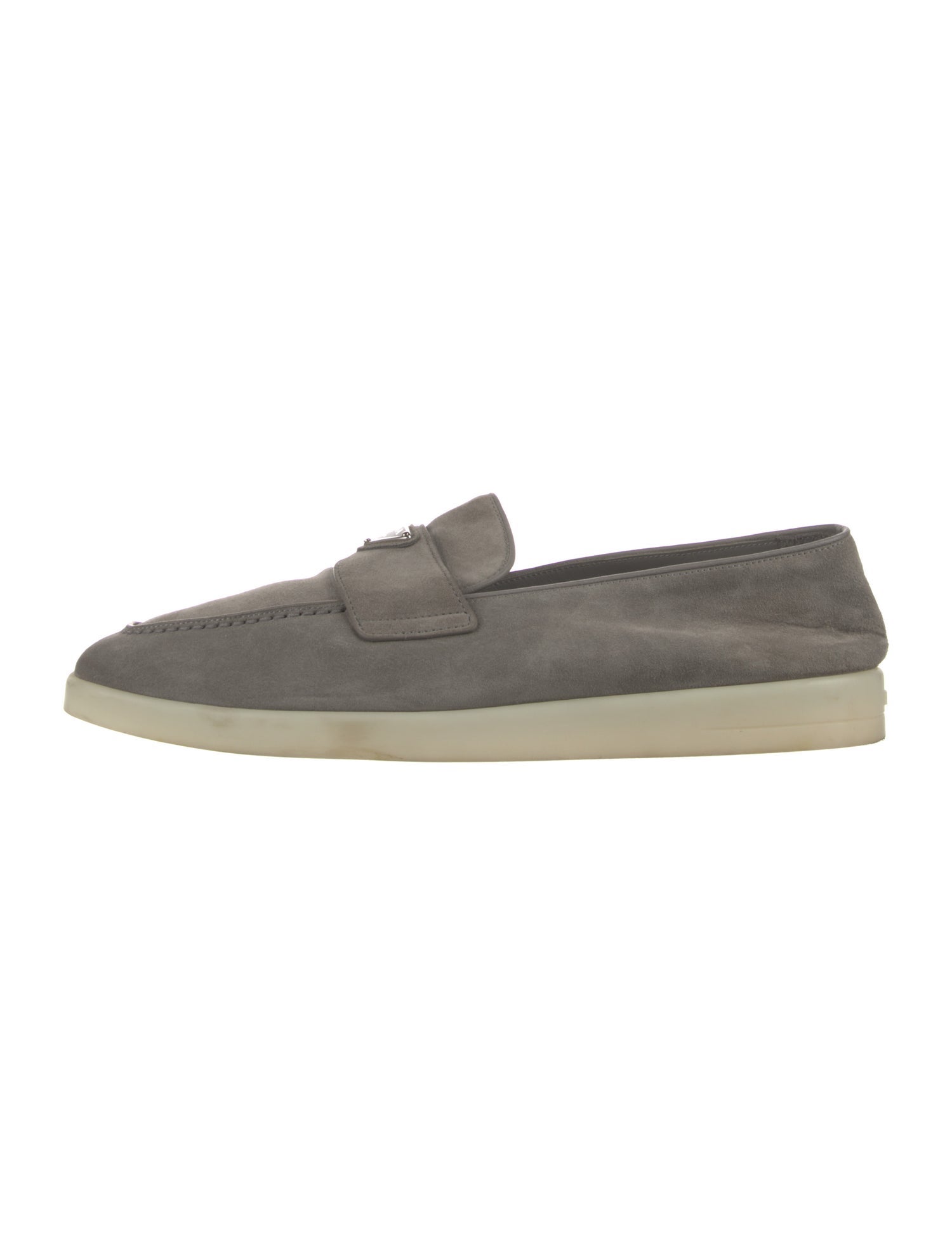 Prada Enameled Metal Triangle Suede Loafers