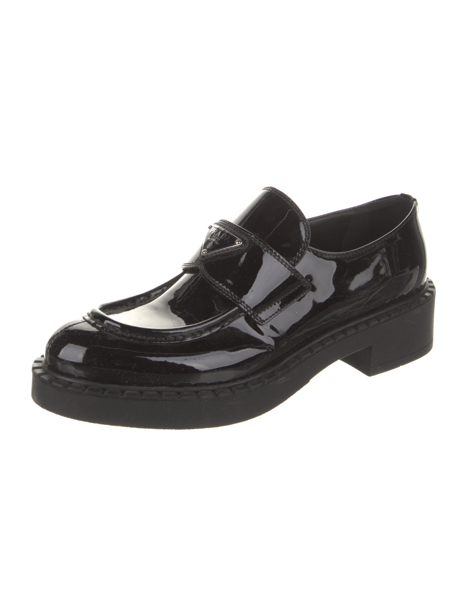 Prada Enameled Metal Triangle Patent Leather Oxfords