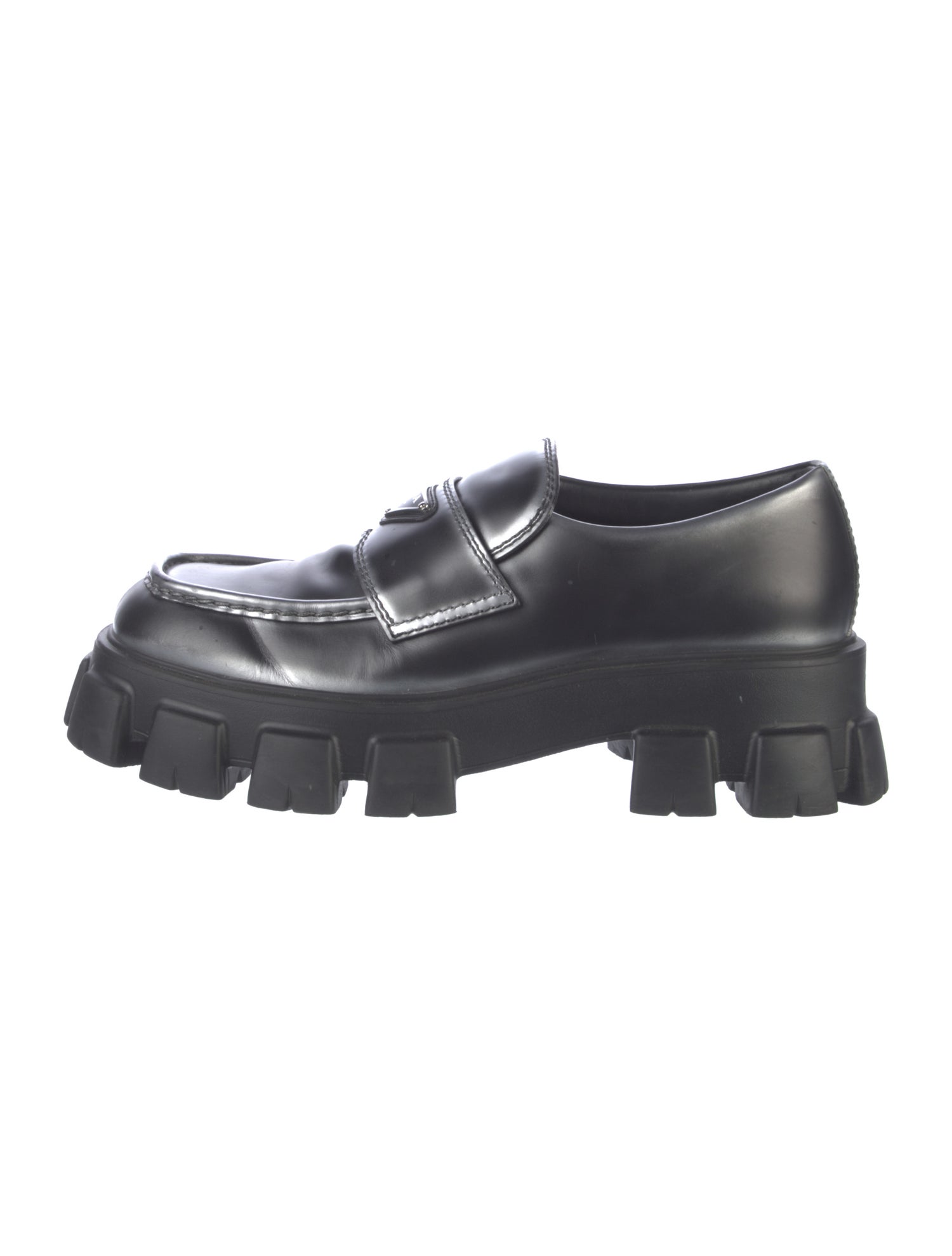 Prada Enameled Metal Triangle Leather Dress Loafers