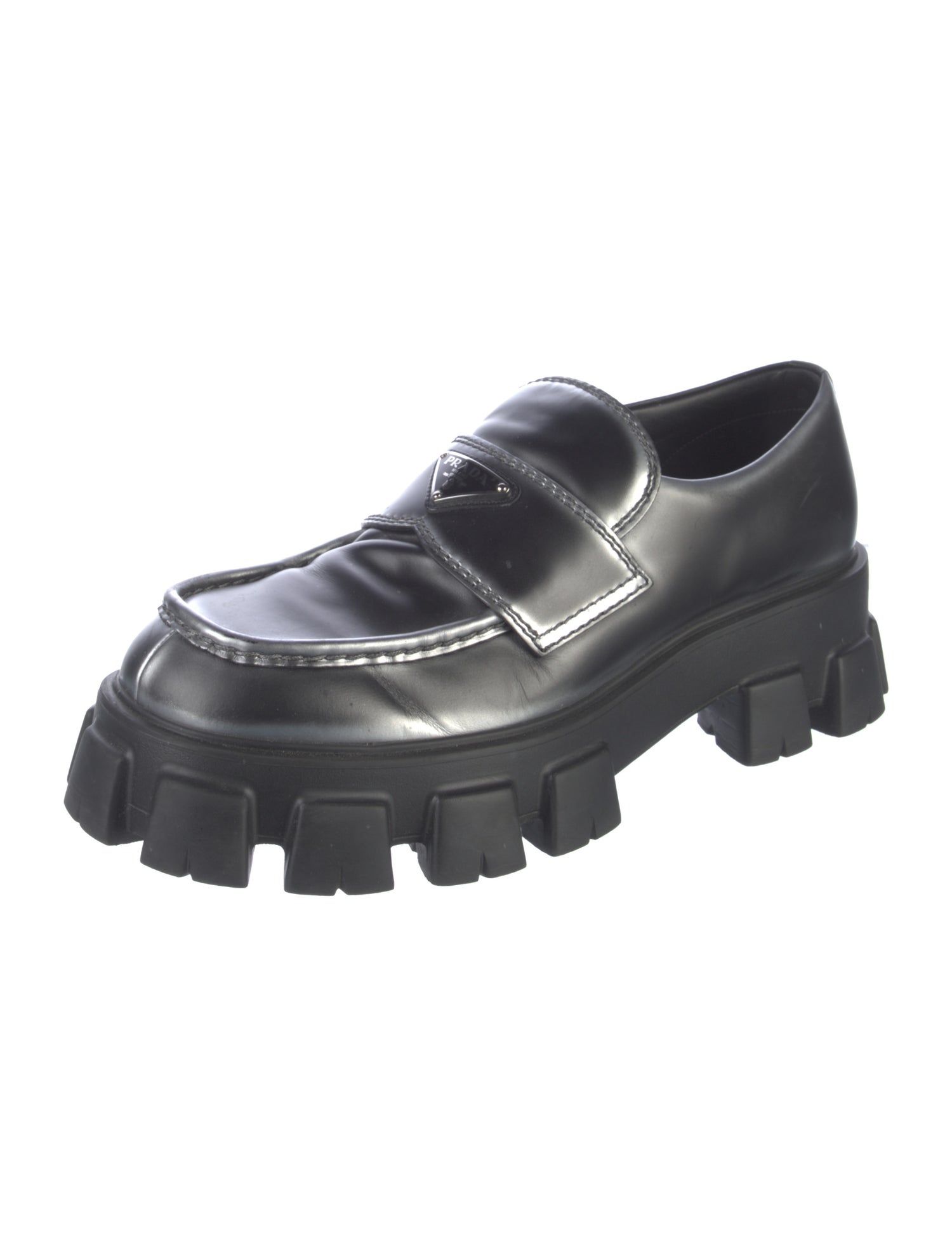 Prada Enameled Metal Triangle Leather Dress Loafers