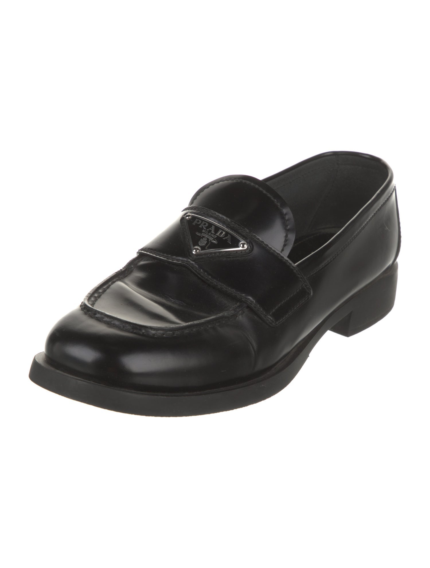 Prada Enameled Metal Triangle Leather Loafers