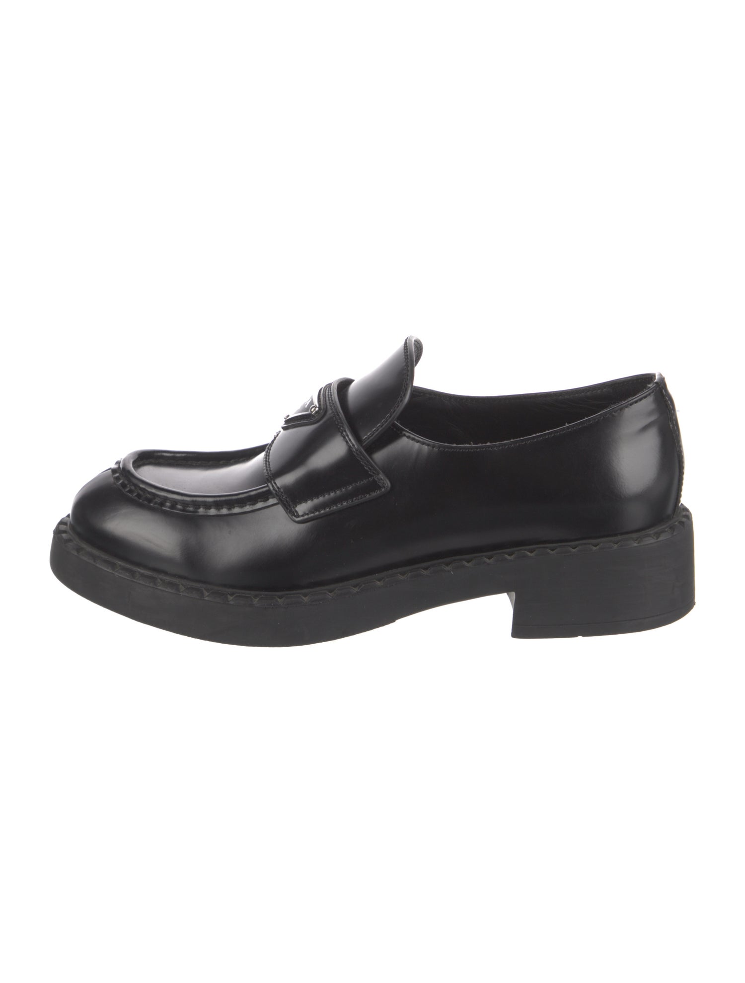 Prada Enameled Metal Triangle Leather Loafers