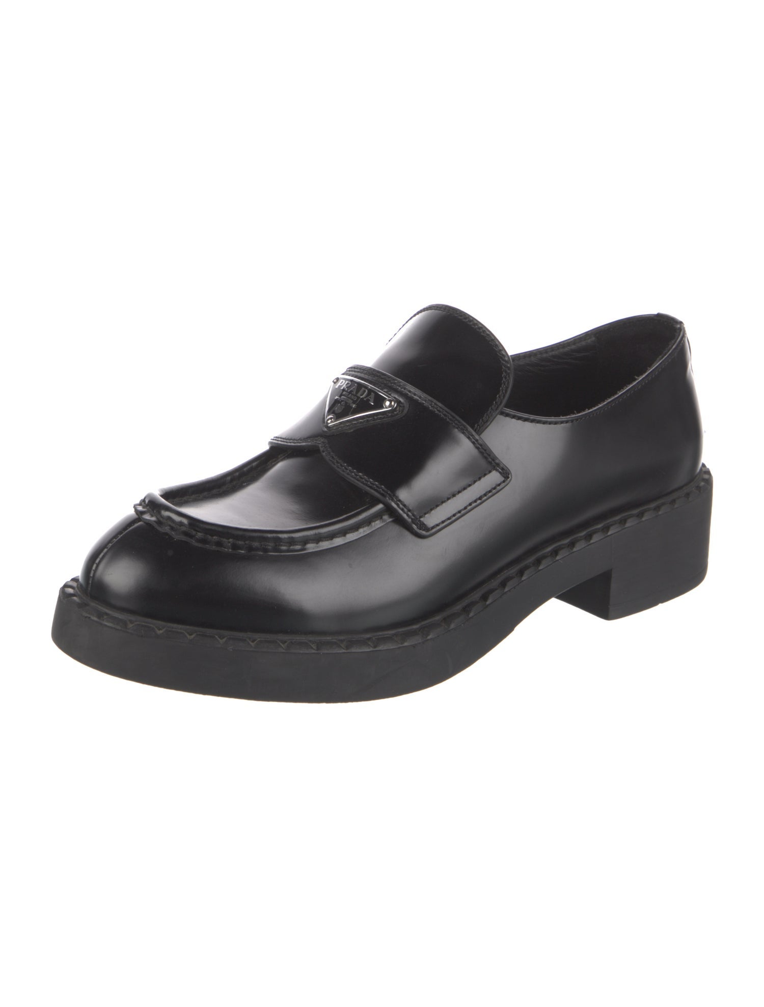 Prada Enameled Metal Triangle Leather Loafers