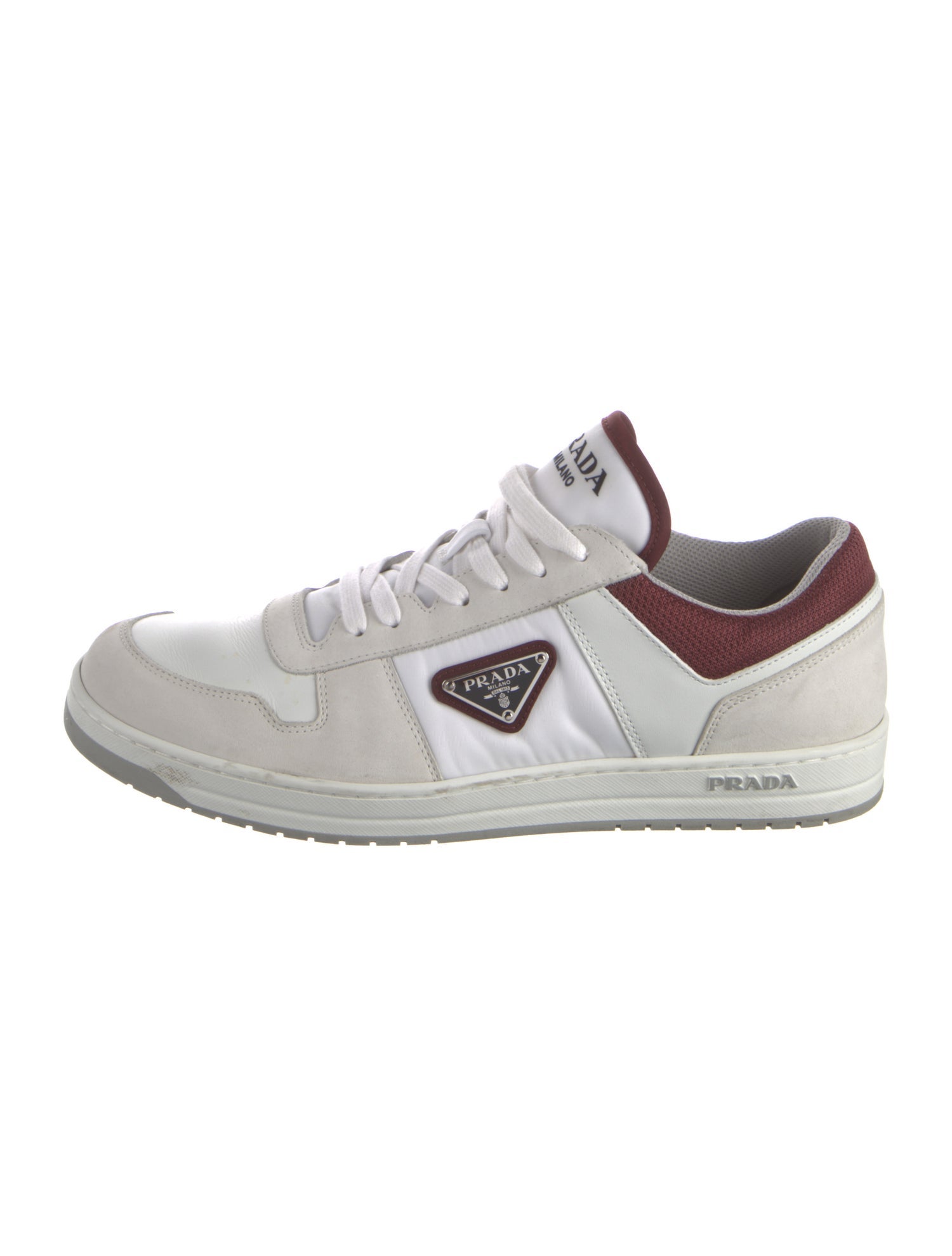 Prada Enameled Metal Triangle Leather Sneakers