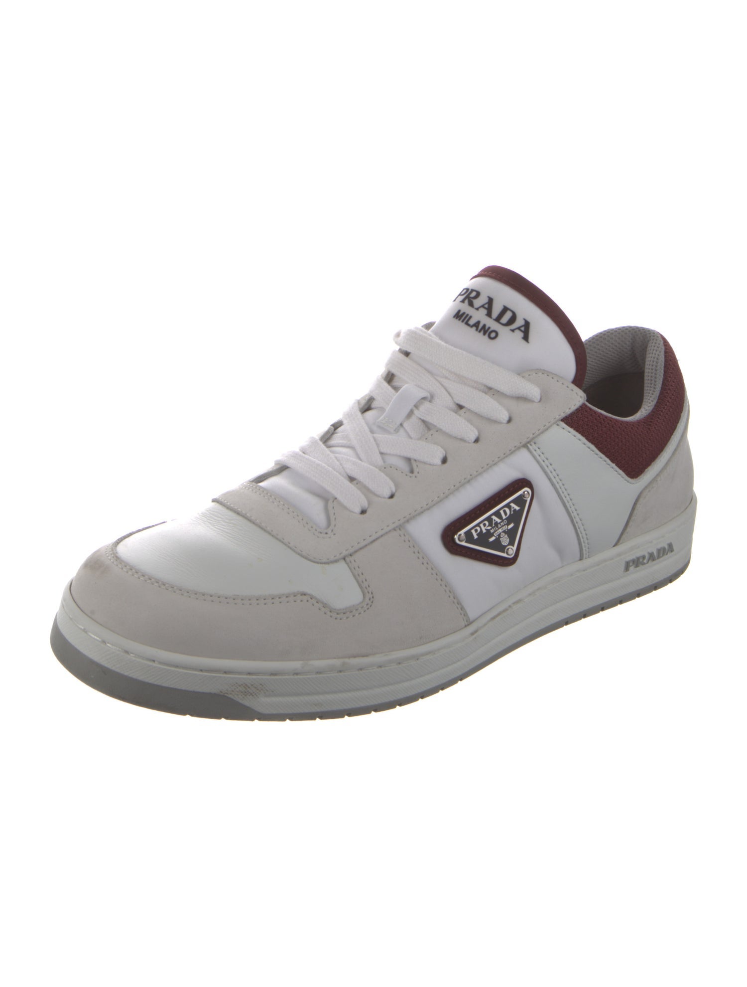Prada Enameled Metal Triangle Leather Sneakers
