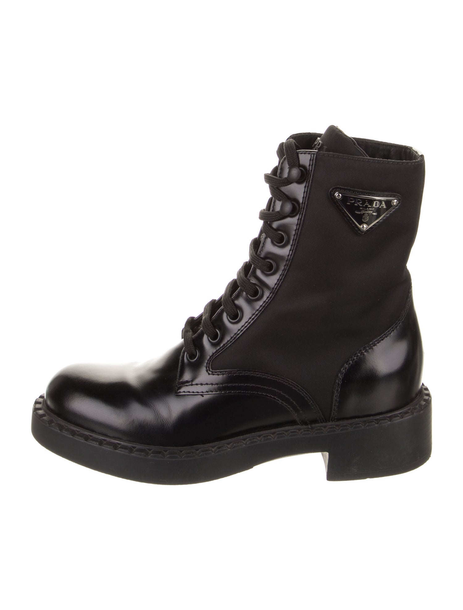 Prada Enameled Metal Triangle Leather Combat Boots