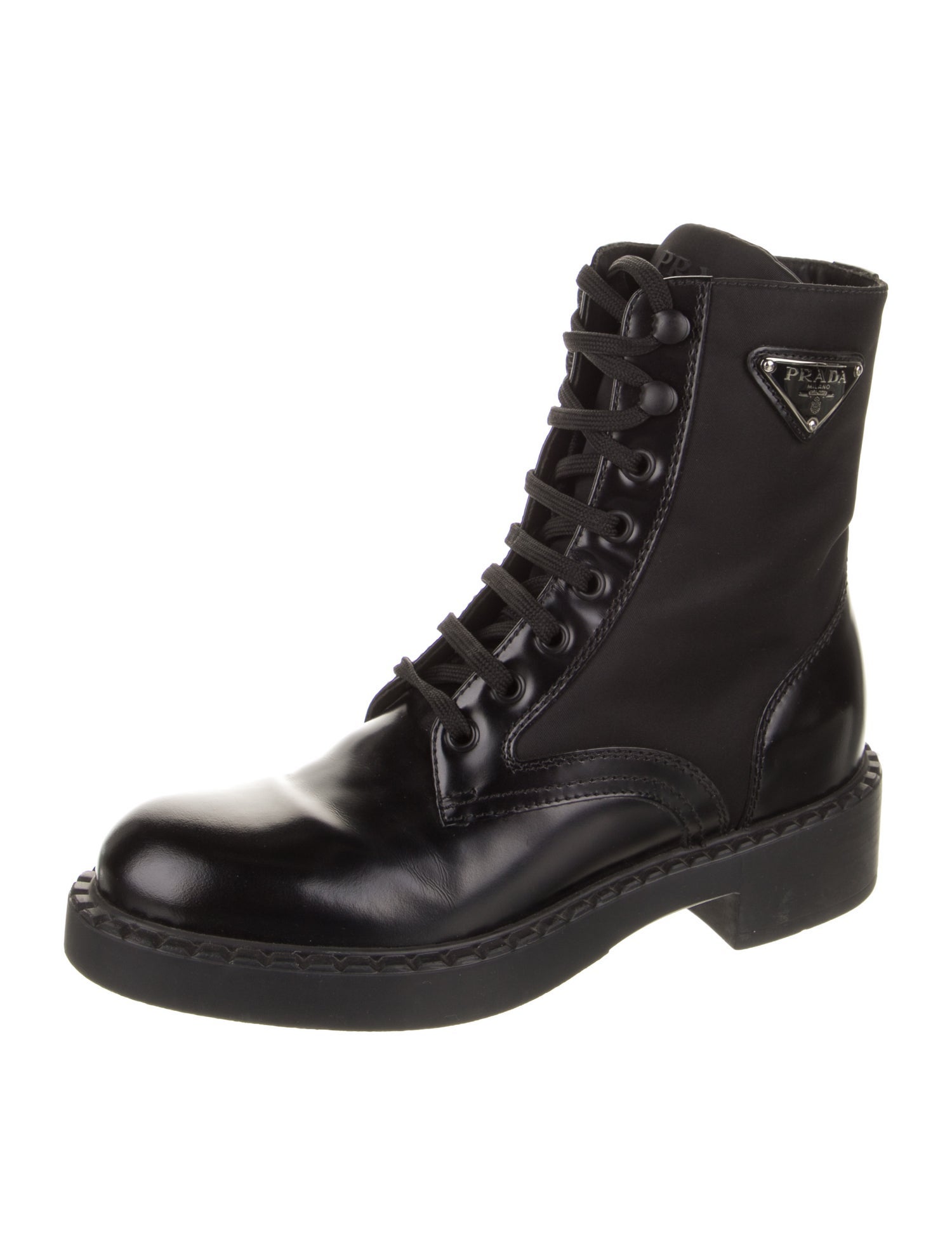 Prada Enameled Metal Triangle Leather Combat Boots