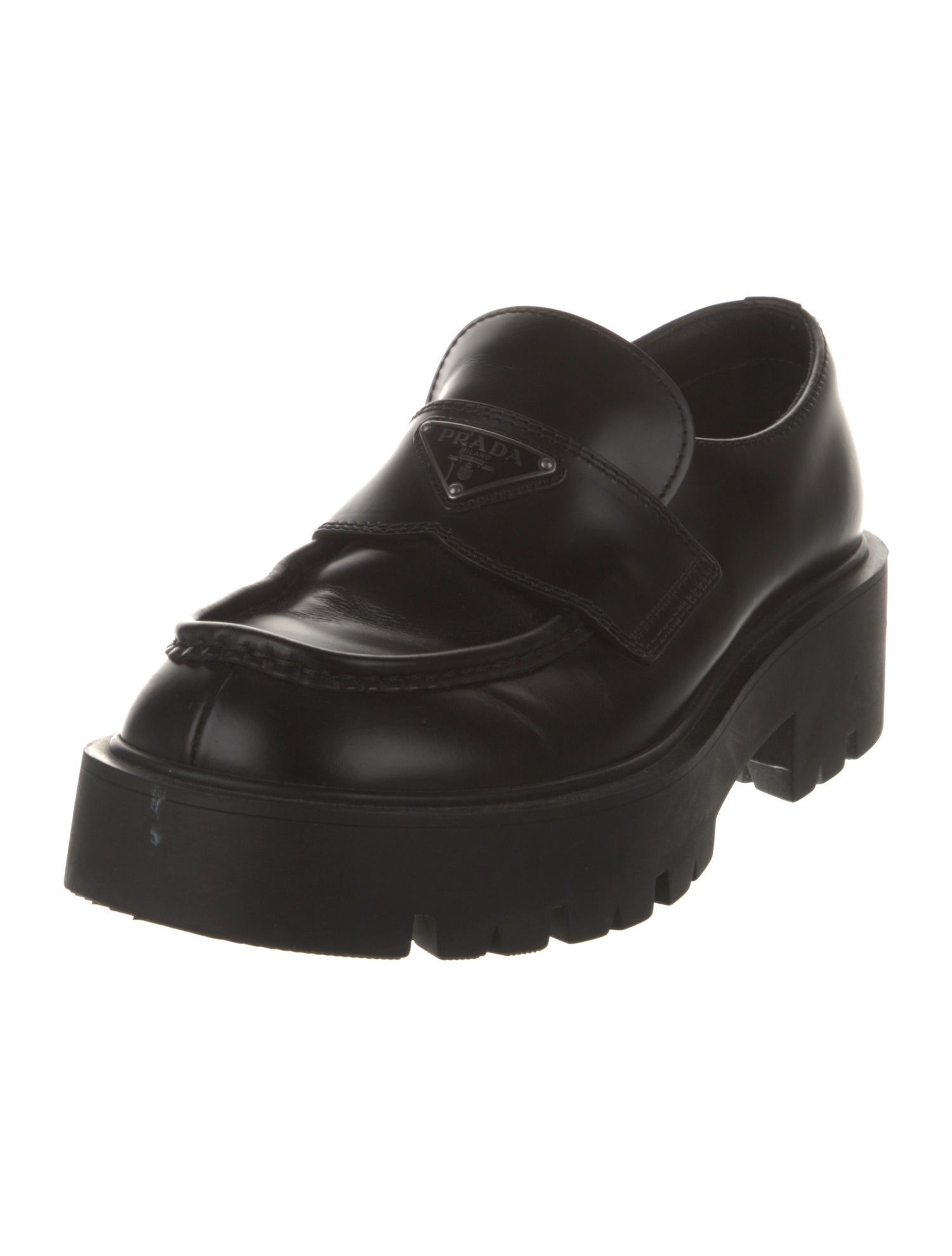 Prada Enameled Metal Triangle Leather Loafers