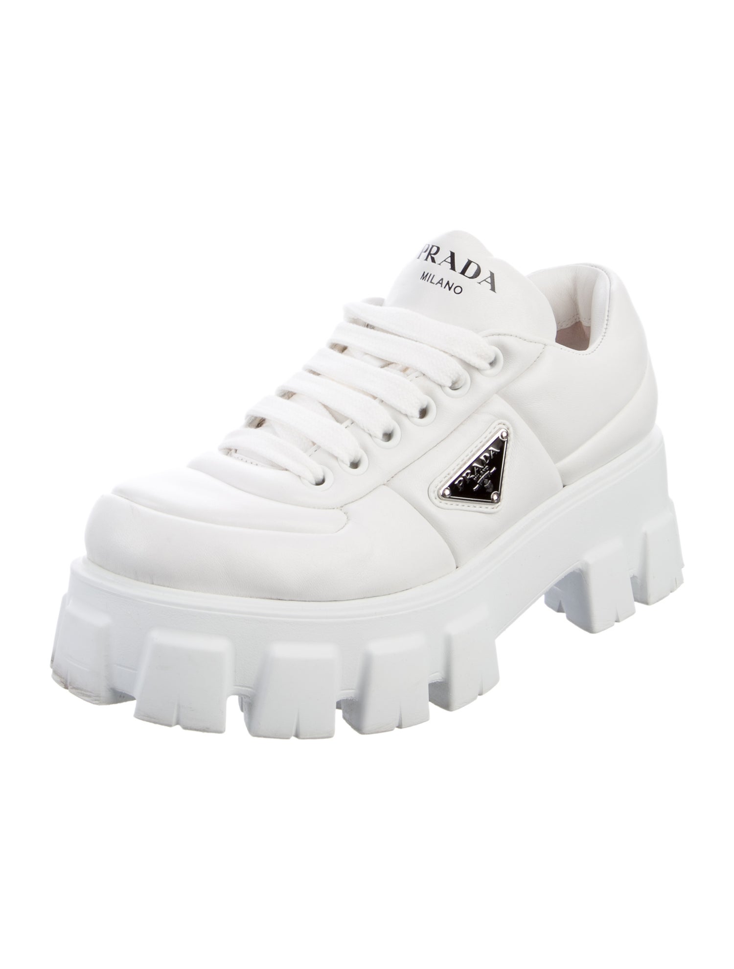 Prada Enameled Metal Triangle Leather Sneakers