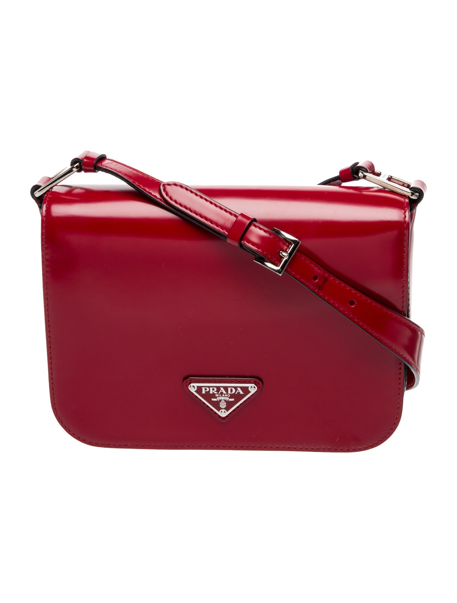 Prada Enameled Metal Triangle Spazzolato Brushed Leather Shoulder Bag Small