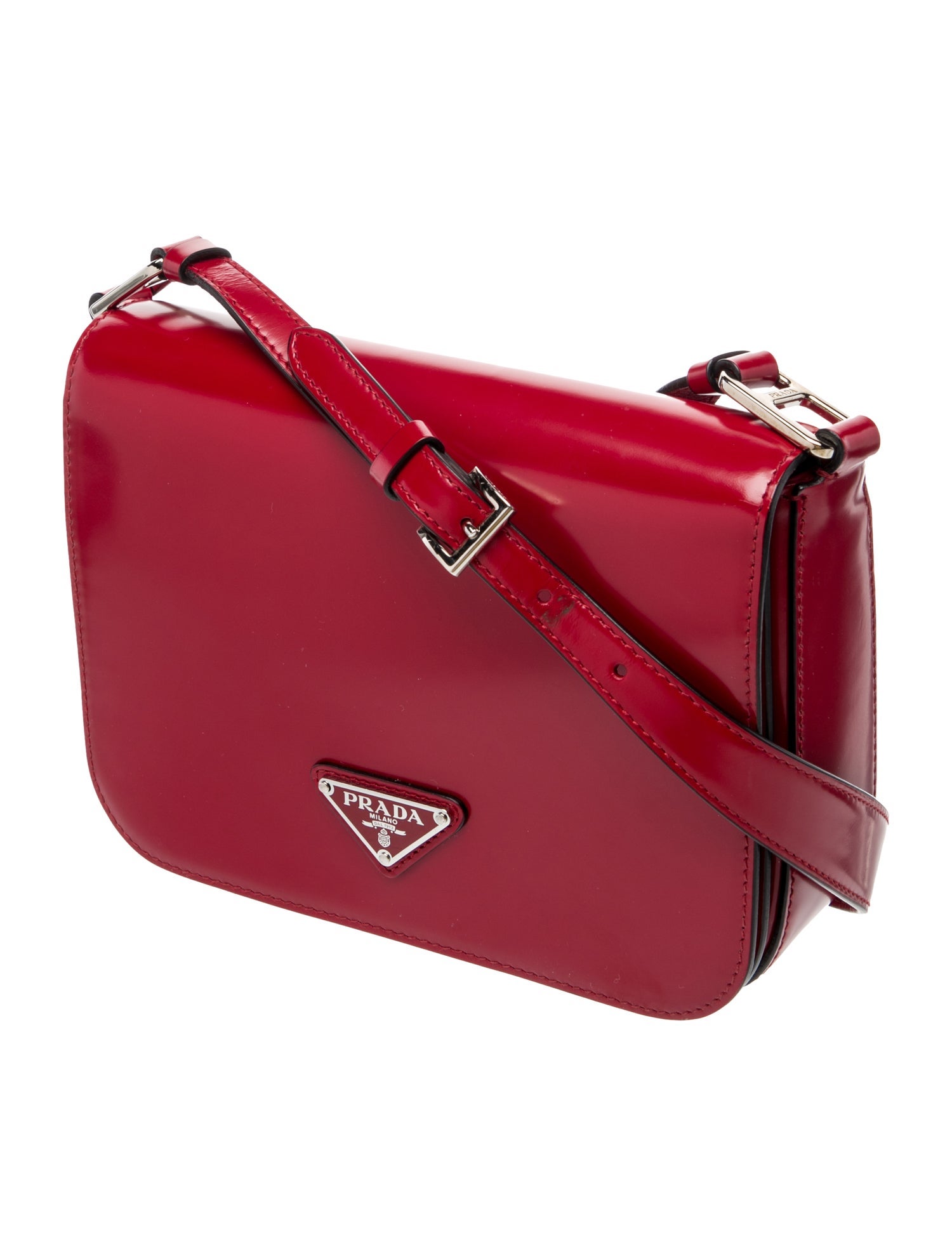 Prada Enameled Metal Triangle Spazzolato Brushed Leather Shoulder Bag Small