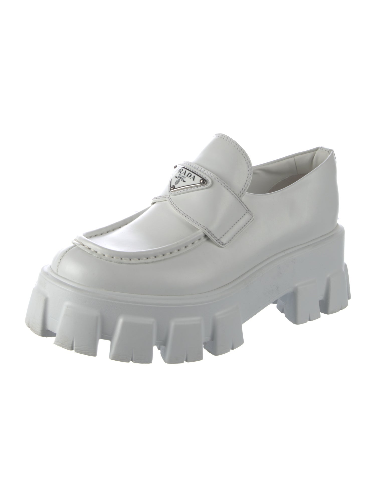 Prada Enameled Metal Triangle Leather Oxfords