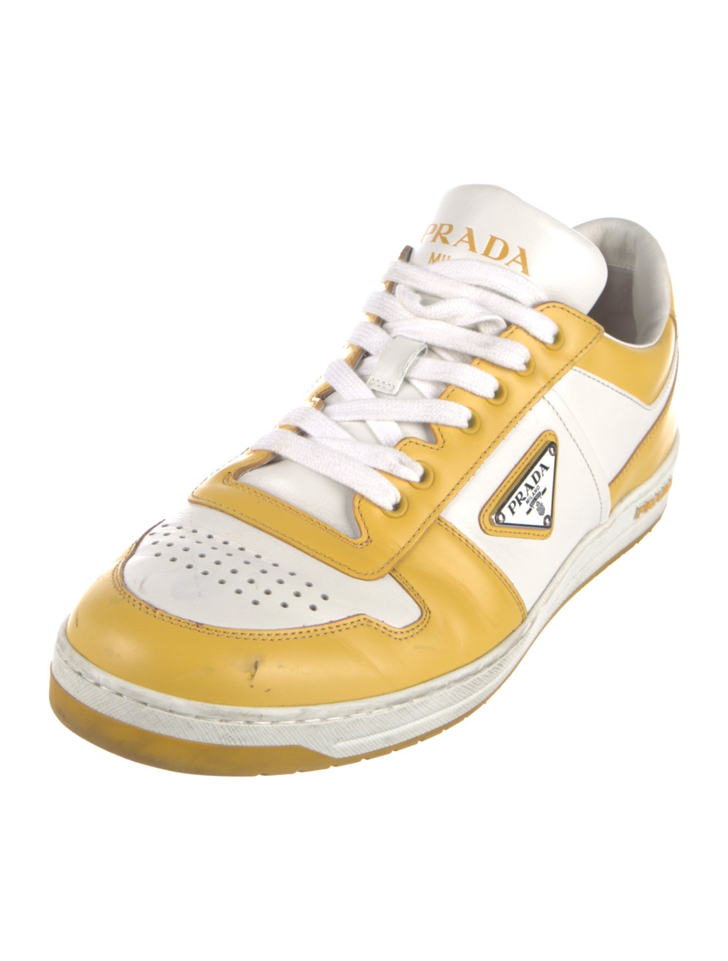 Prada Enameled Metal Triangle Leather Sneakers