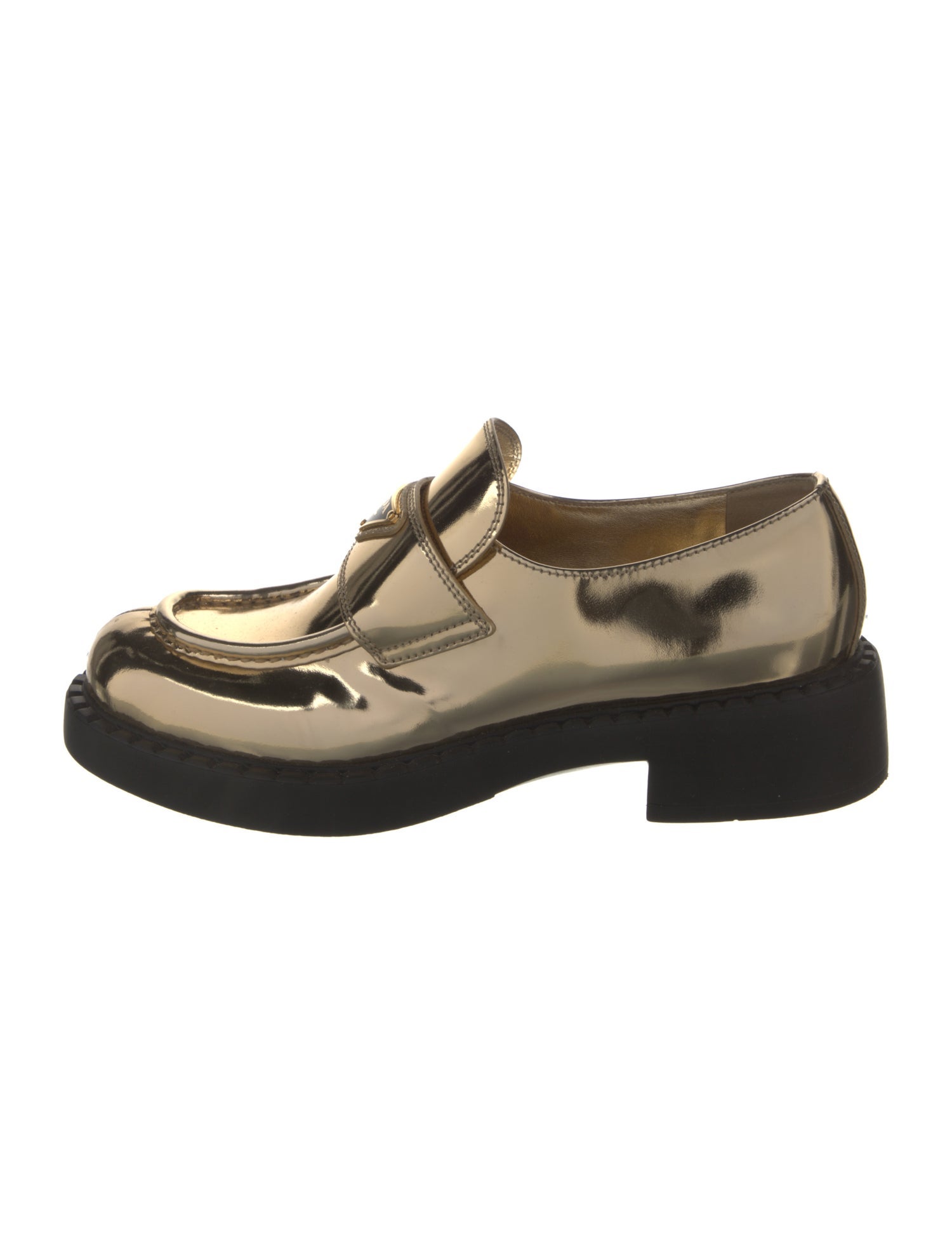 Prada Enameled Metal Triangle Patent Leather Oxfords