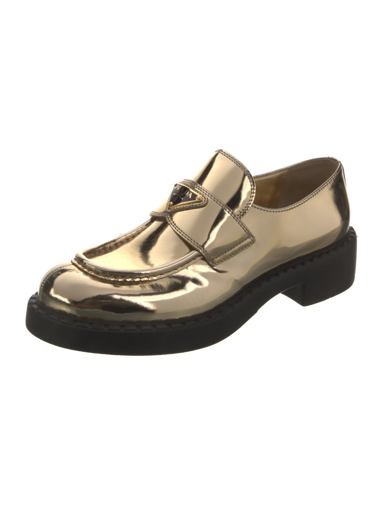 Prada Enameled Metal Triangle Patent Leather Oxfords