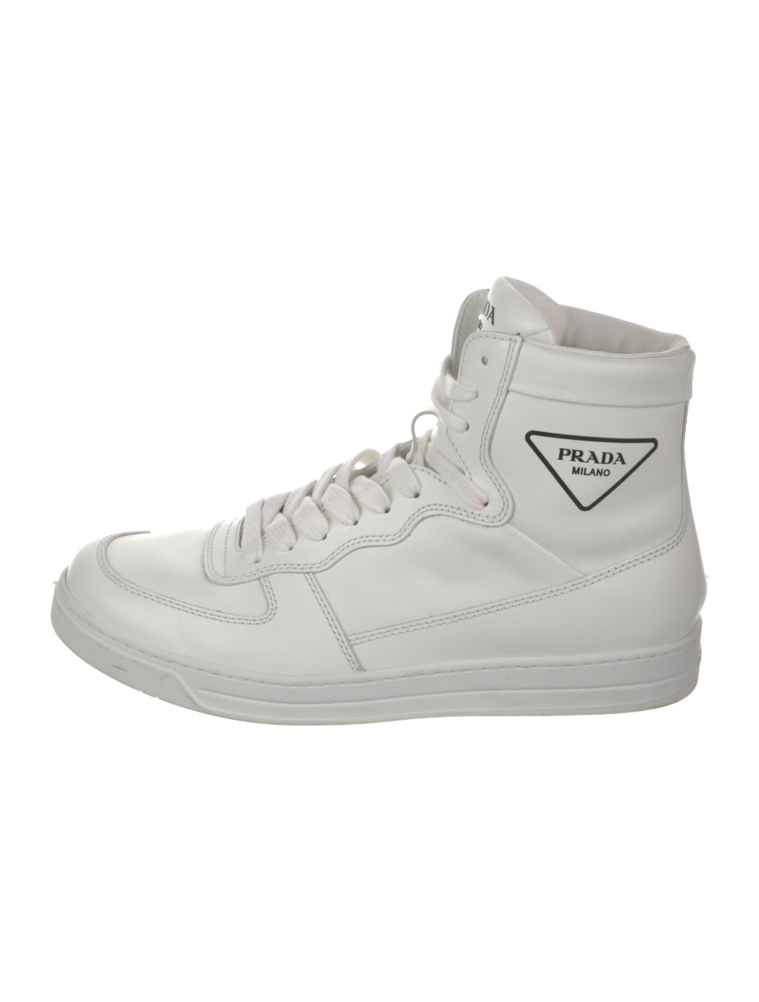 Prada Enameled Metal Triangle Leather Sneakers
