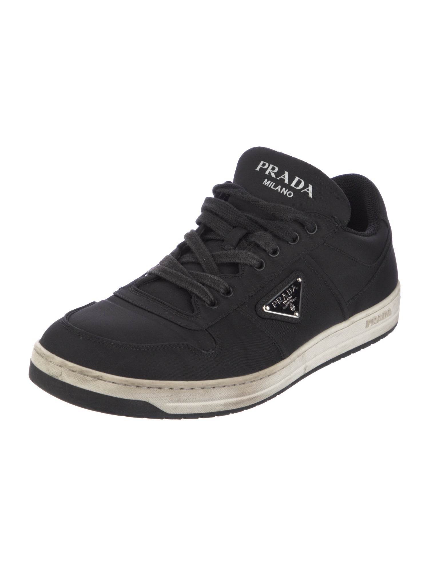 Prada Enameled Metal Triangle Nylon Sneakers