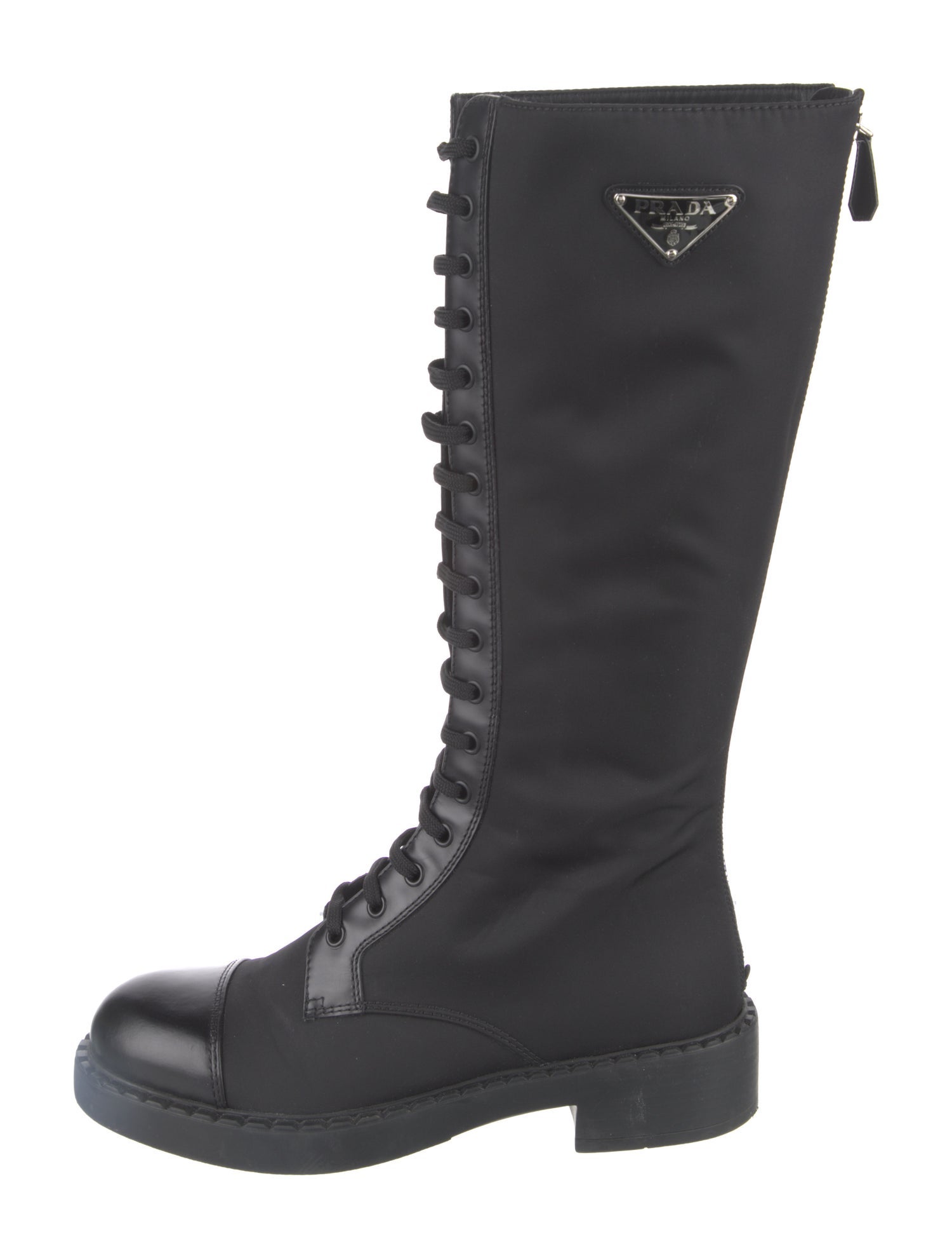 Prada Enameled Metal Triangle Nylon Riding Boots
