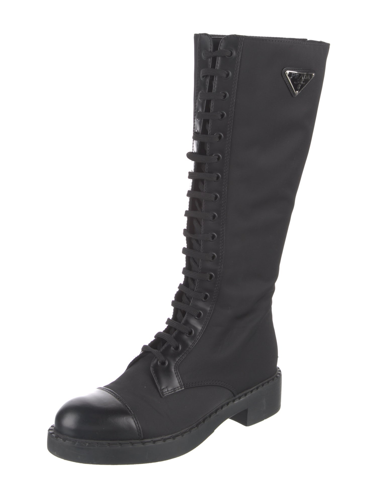 Prada Enameled Metal Triangle Nylon Riding Boots