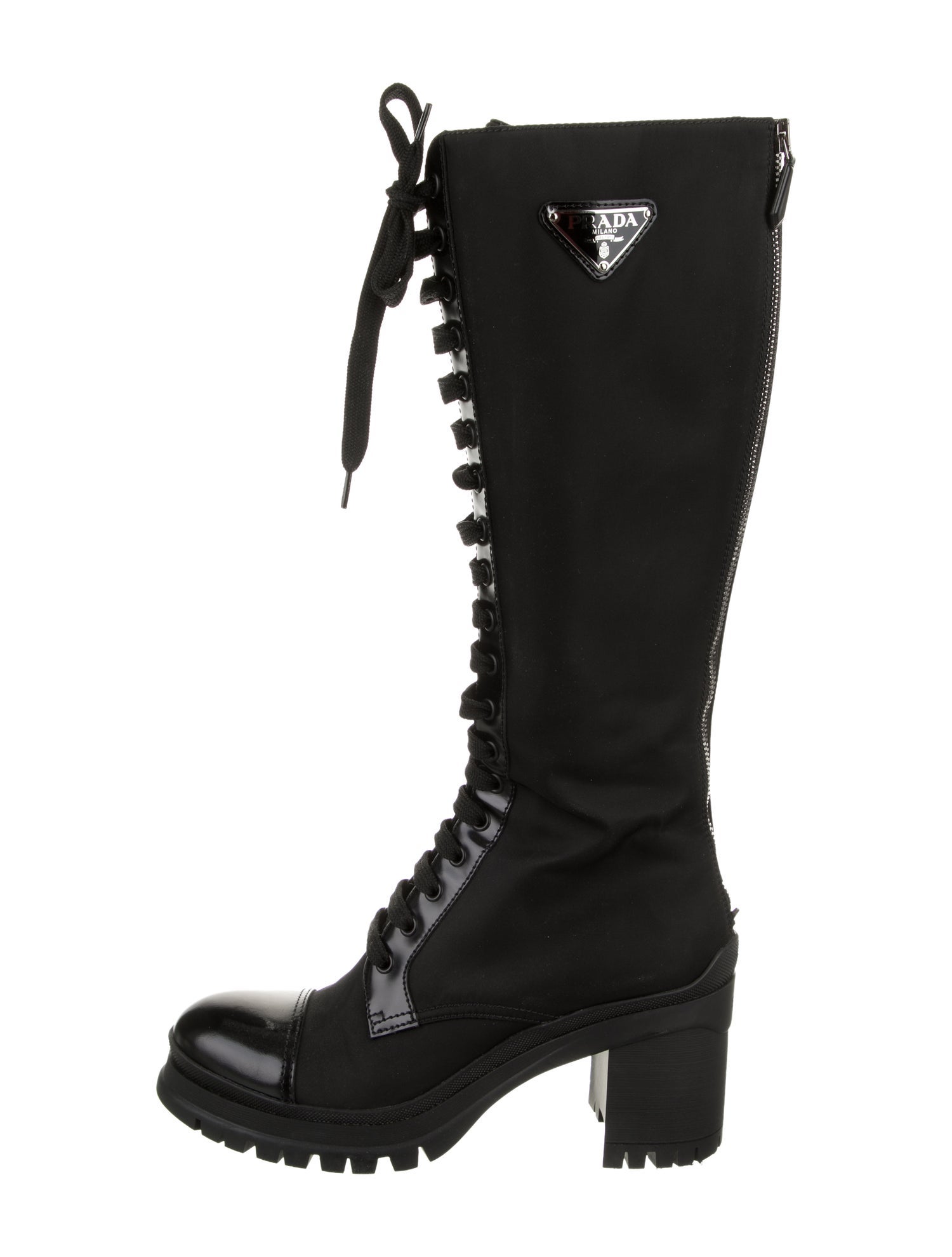 Prada Enameled Metal Triangle Nylon Lace-Up Boots