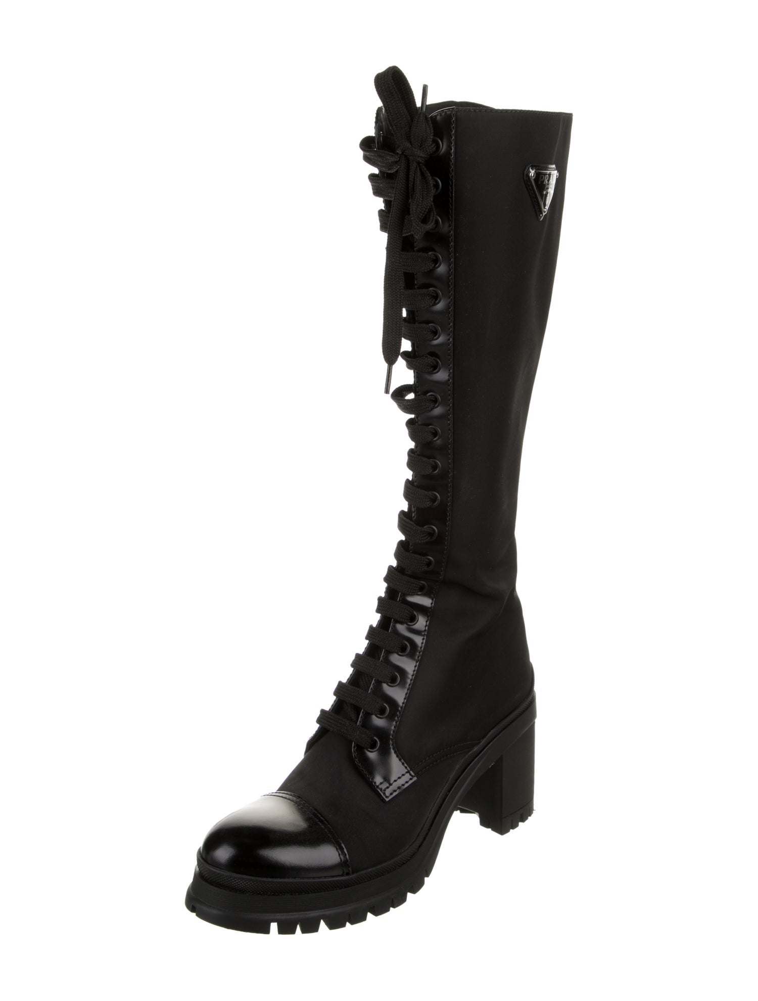 Prada Enameled Metal Triangle Nylon Lace-Up Boots