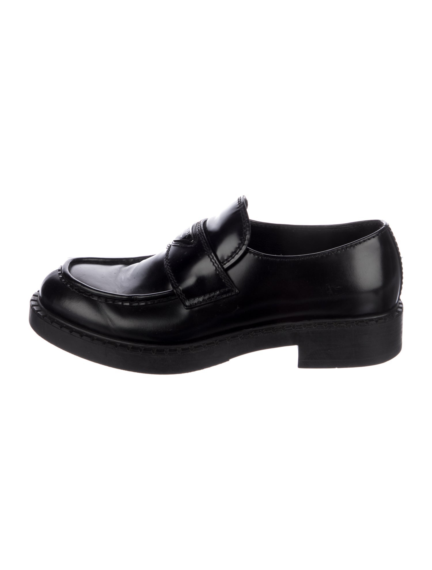 Prada Enameled Metal Triangle Leather Loafers
