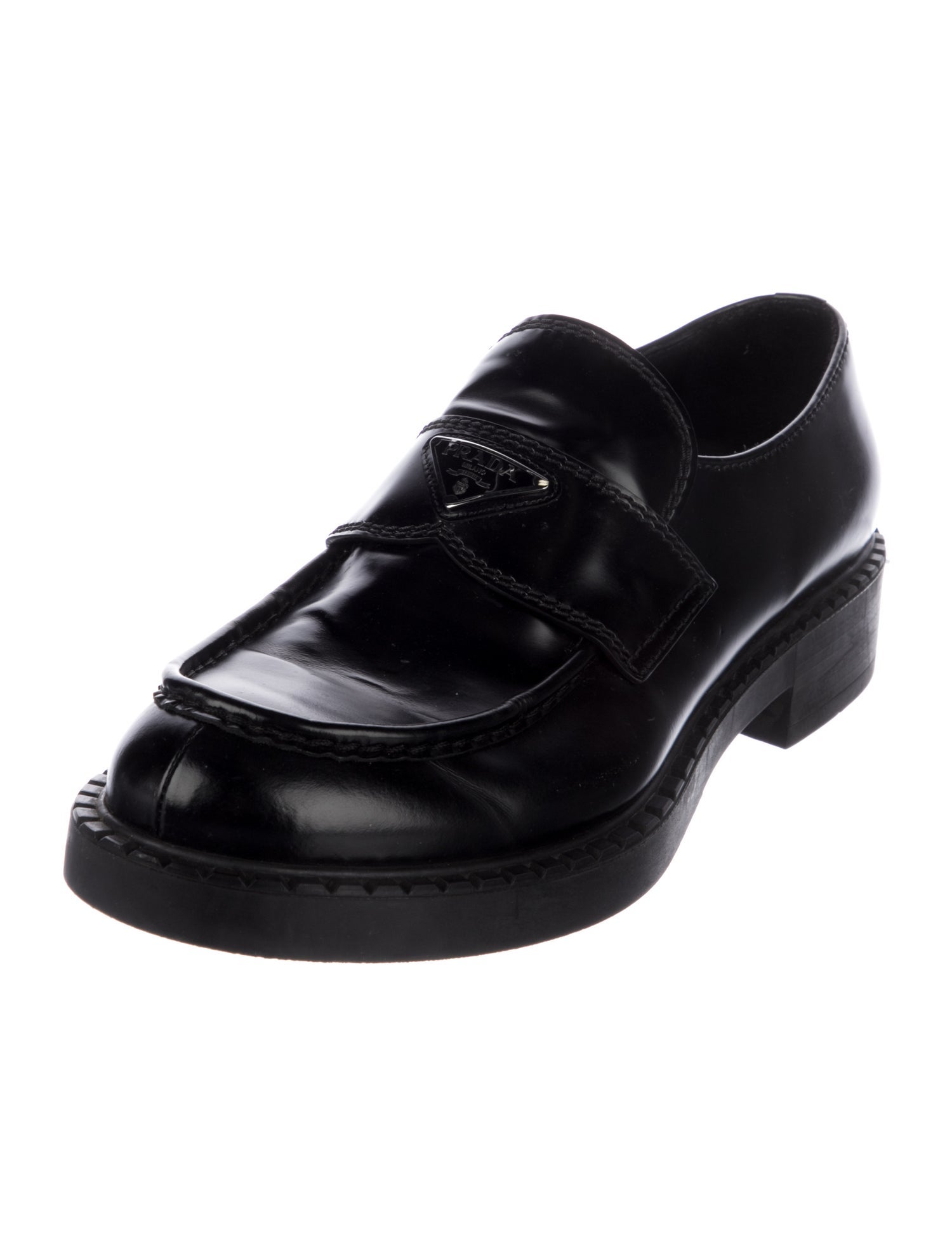 Prada Enameled Metal Triangle Leather Loafers
