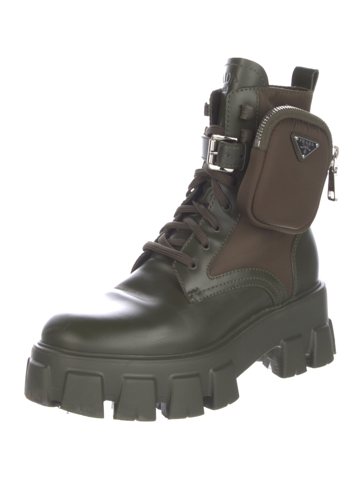 Prada Enameled Metal Triangle Nylon Combat Boots