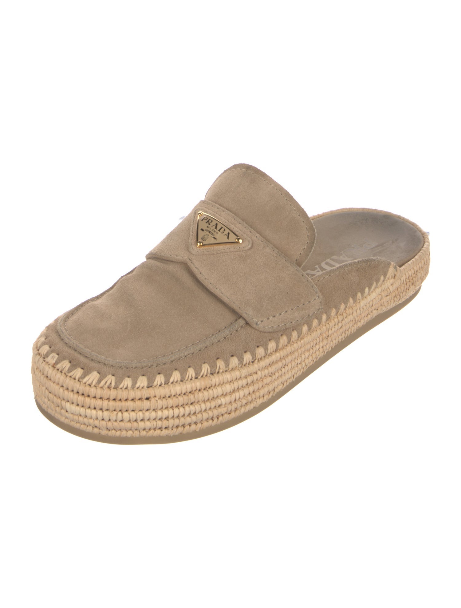 Prada Enameled Metal Triangle Suede Mules