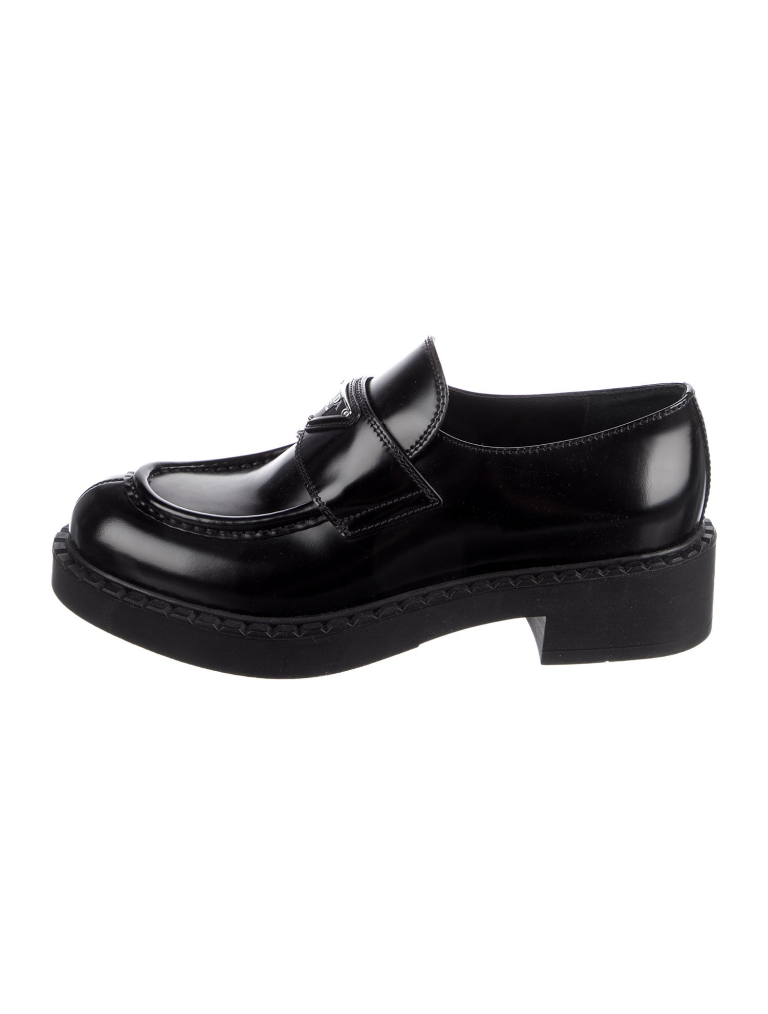 Prada Enameled Metal Triangle Leather Loafers
