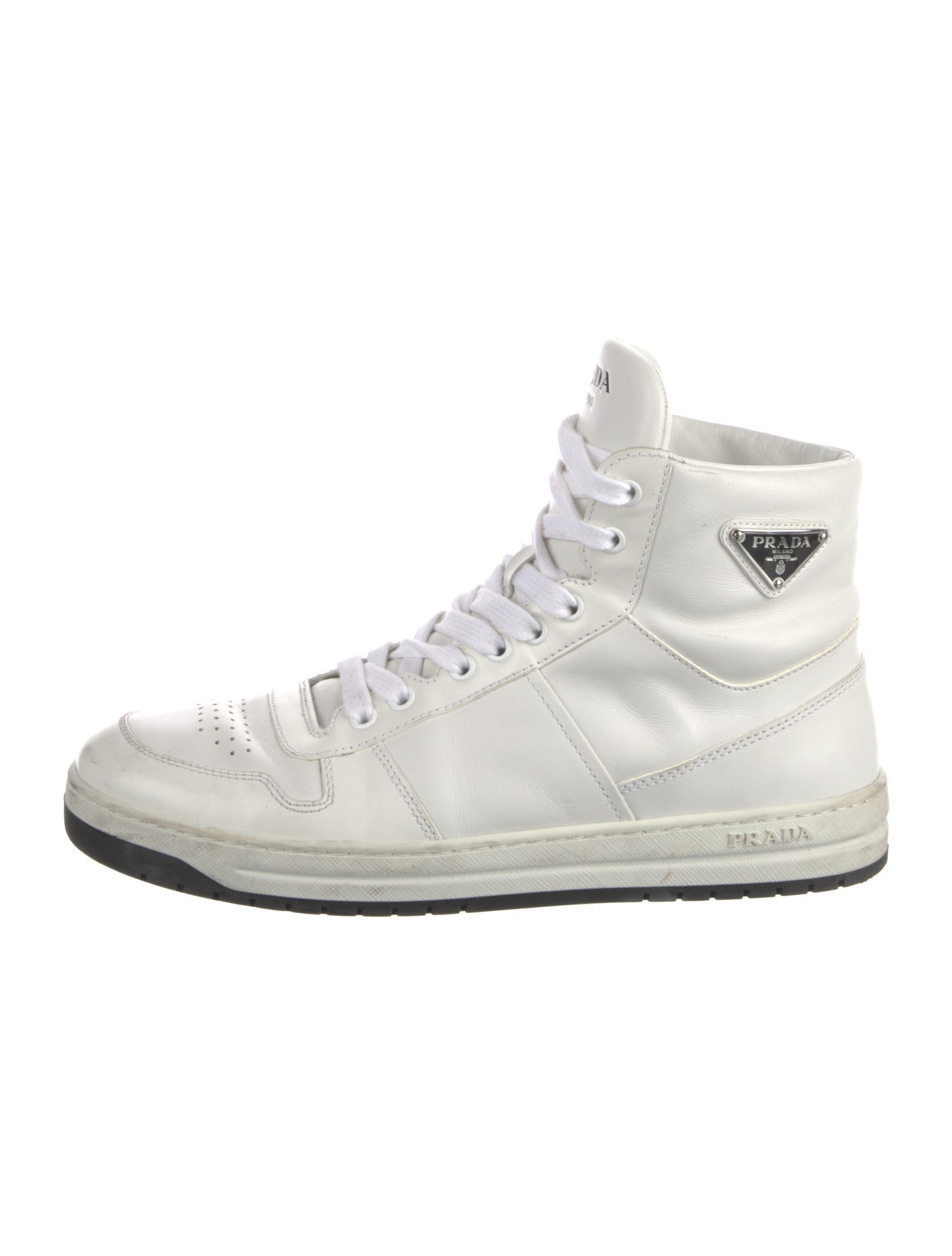 Prada Enameled Metal Triangle Leather Sneakers